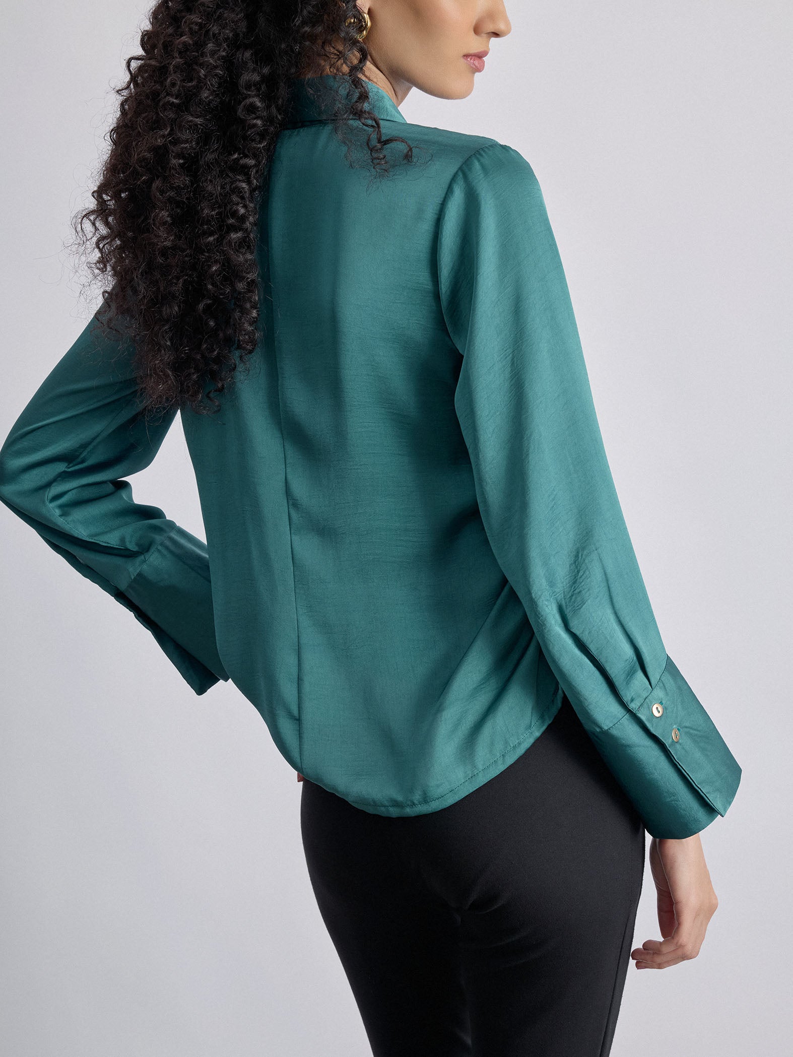 Teal Satin Side Ruched Shirt