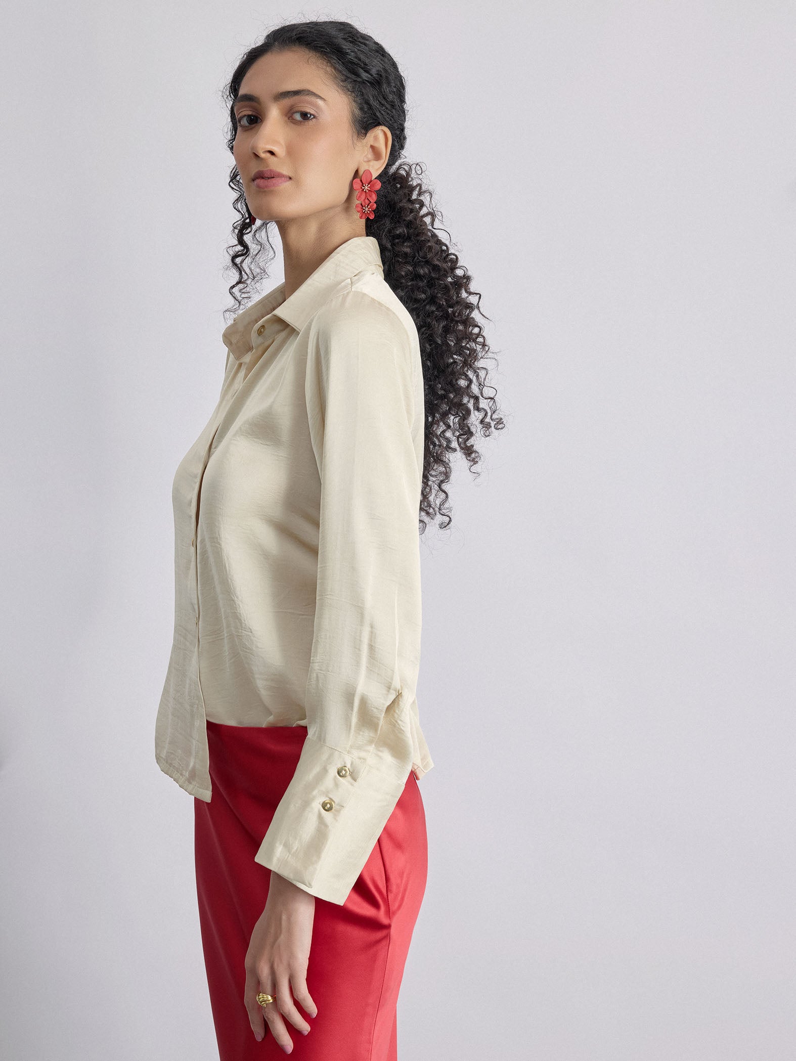 Vanilla Satin Side Ruched Shirt
