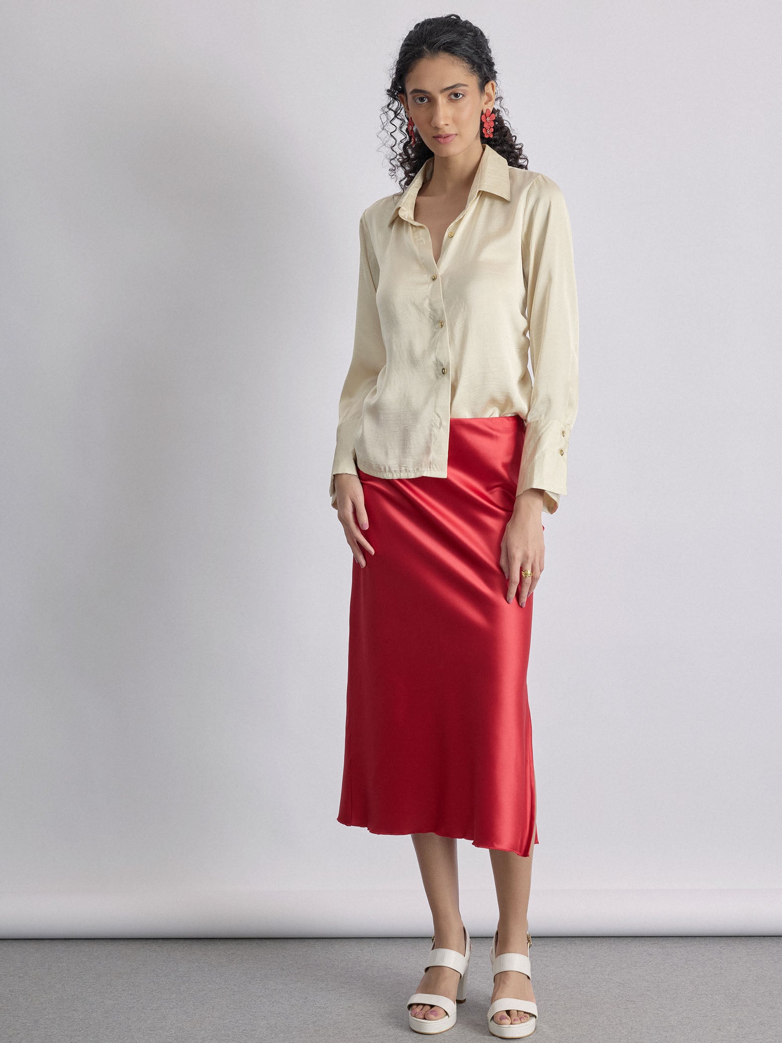 Vanilla Satin Side Ruched Shirt