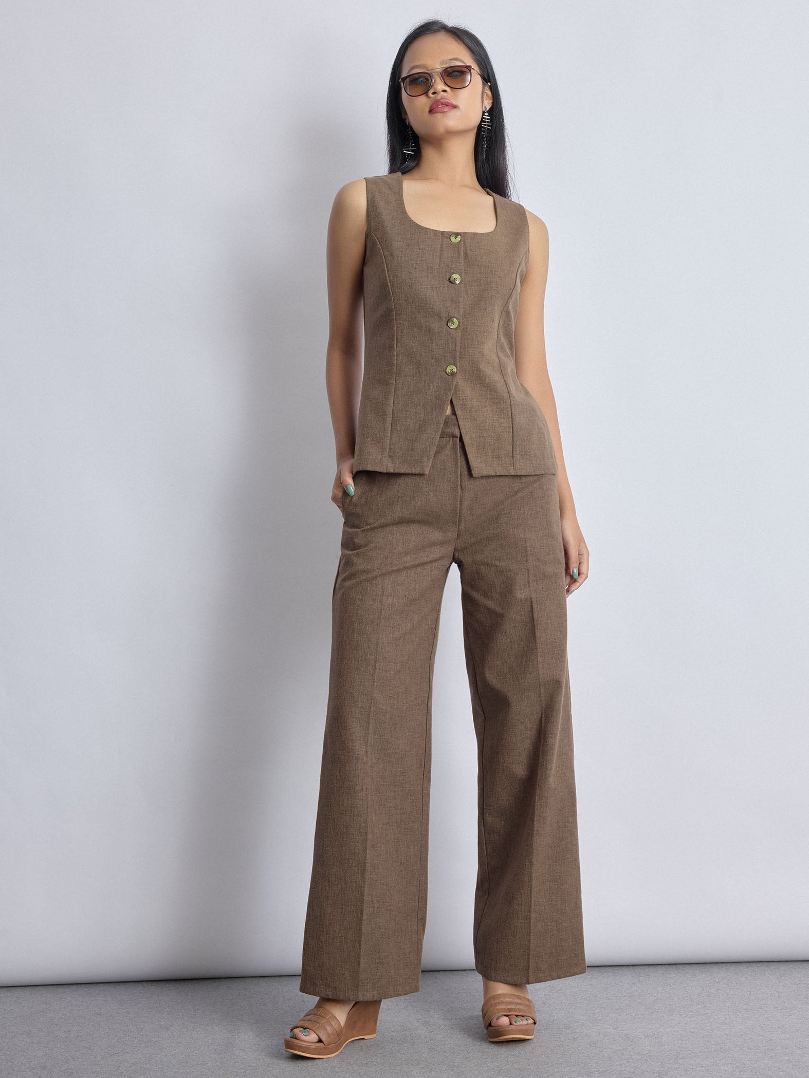 Walnut Linen Long Waistcoat