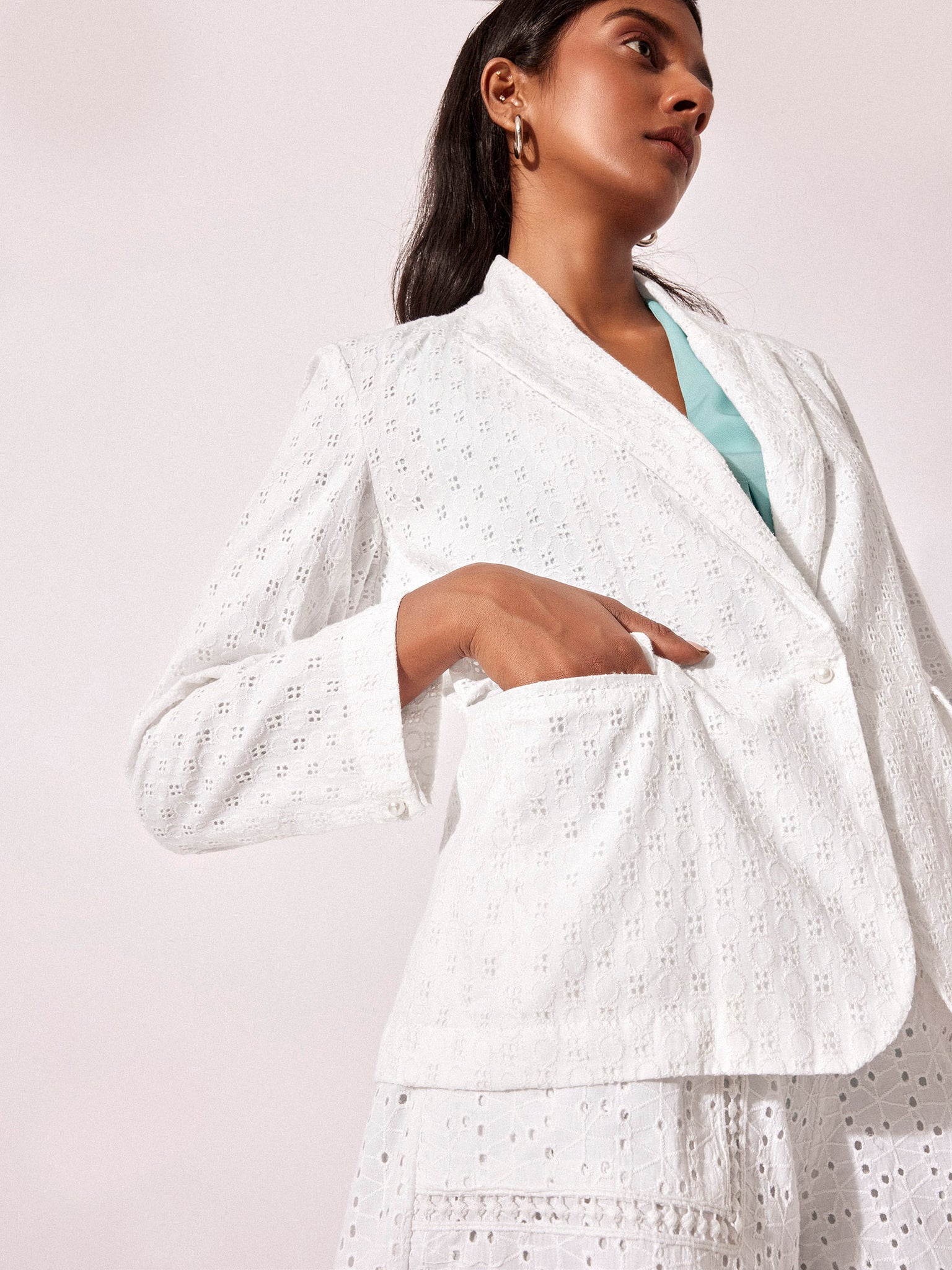 White Cotton Schiffli Blazer
White Cotton Schiffli Blazer