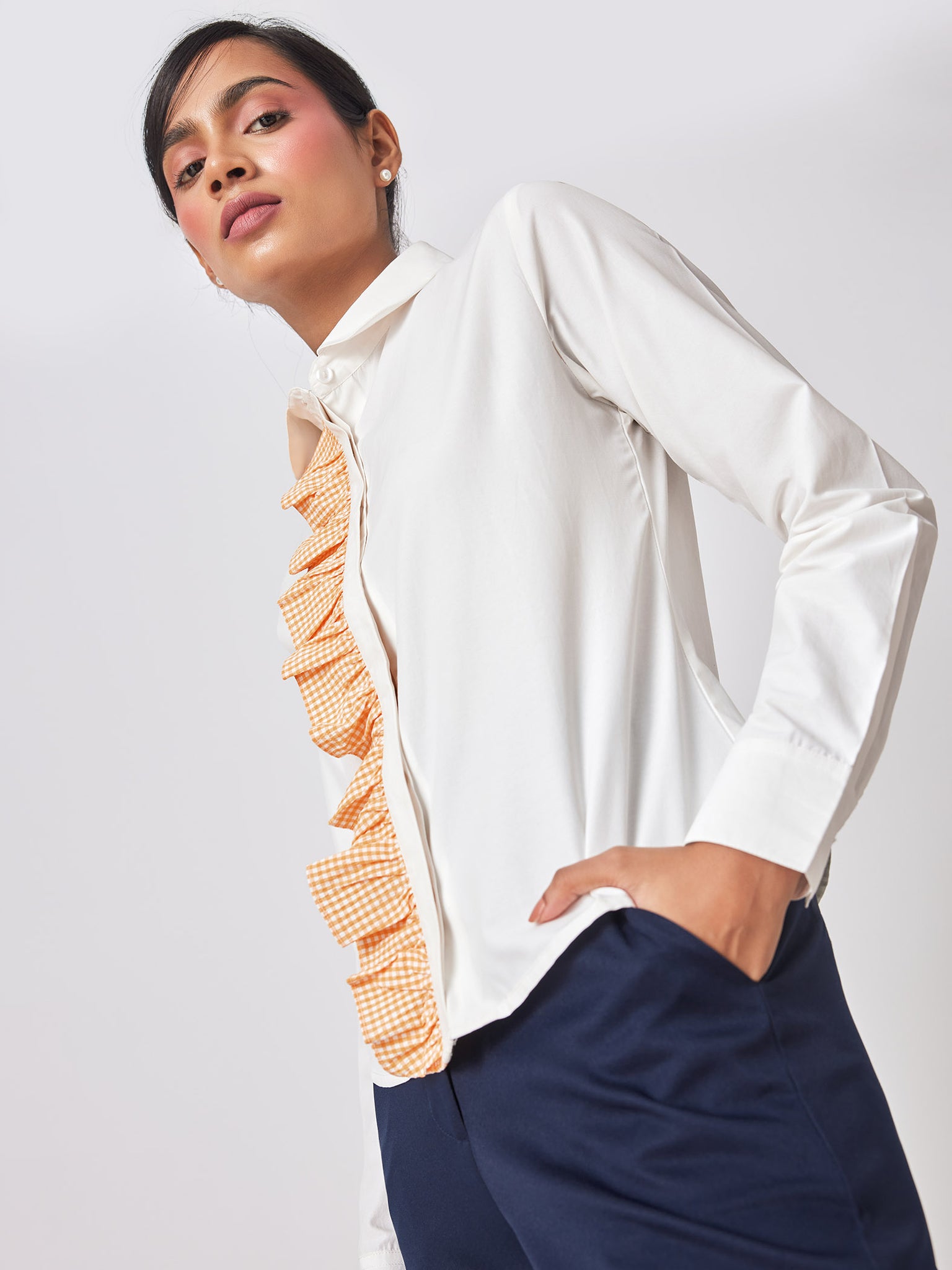 White Gingham Ruffle Detail Shirt
White Gingham Ruffle Detail Shirt