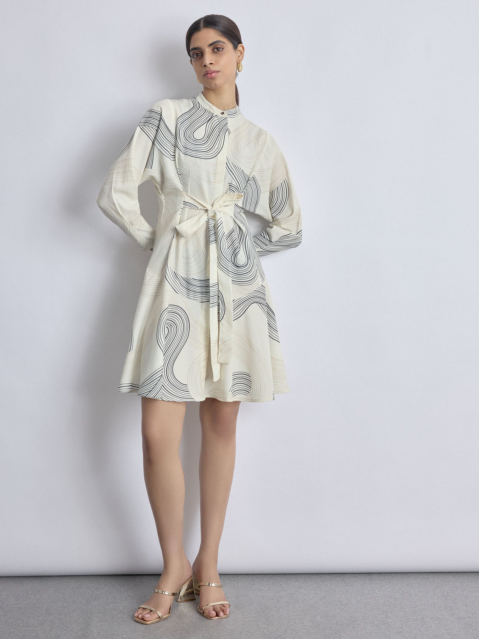 White Groovy Print Front Tie Dress