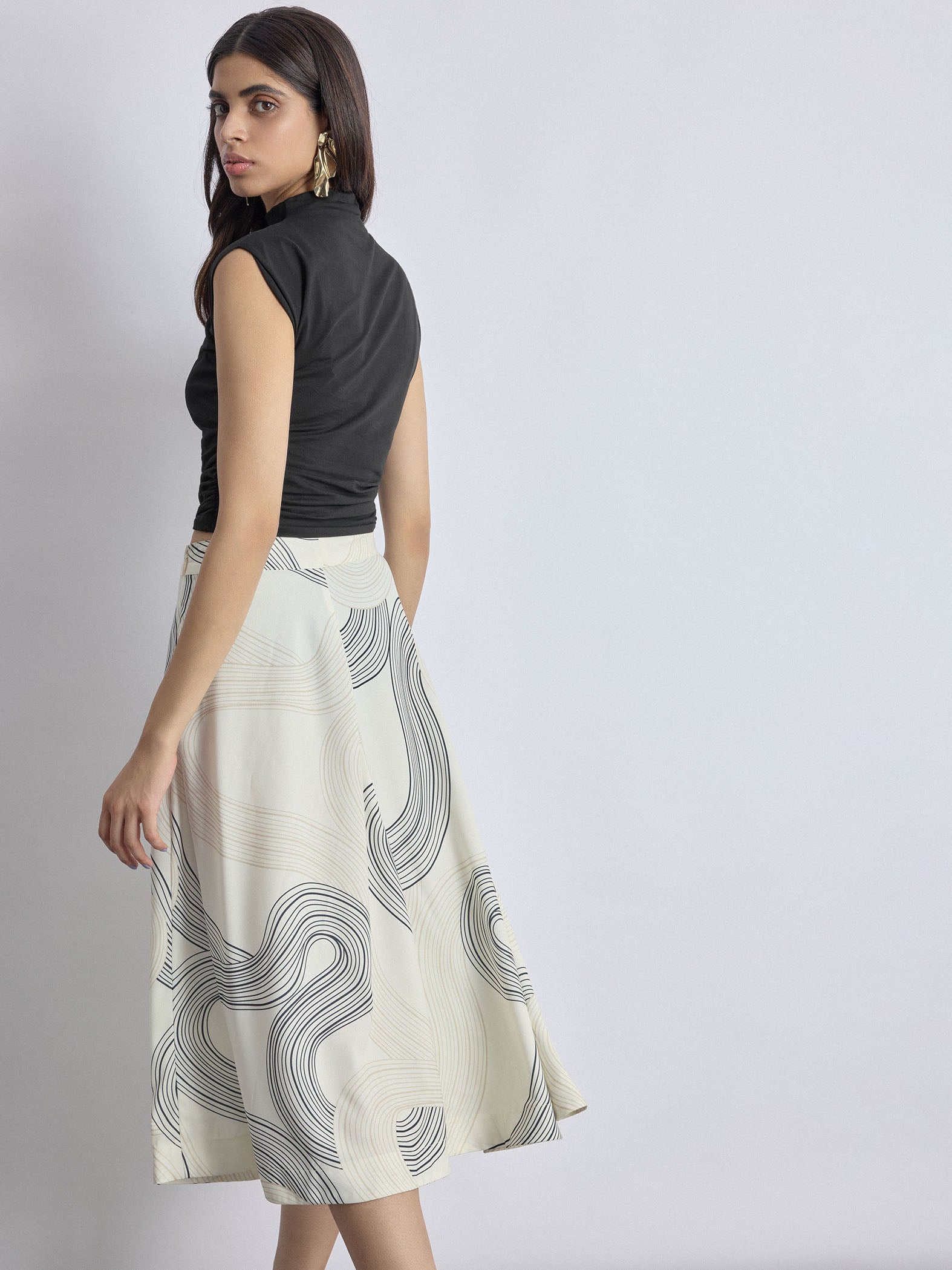 White Groovy Print Midi Skirt