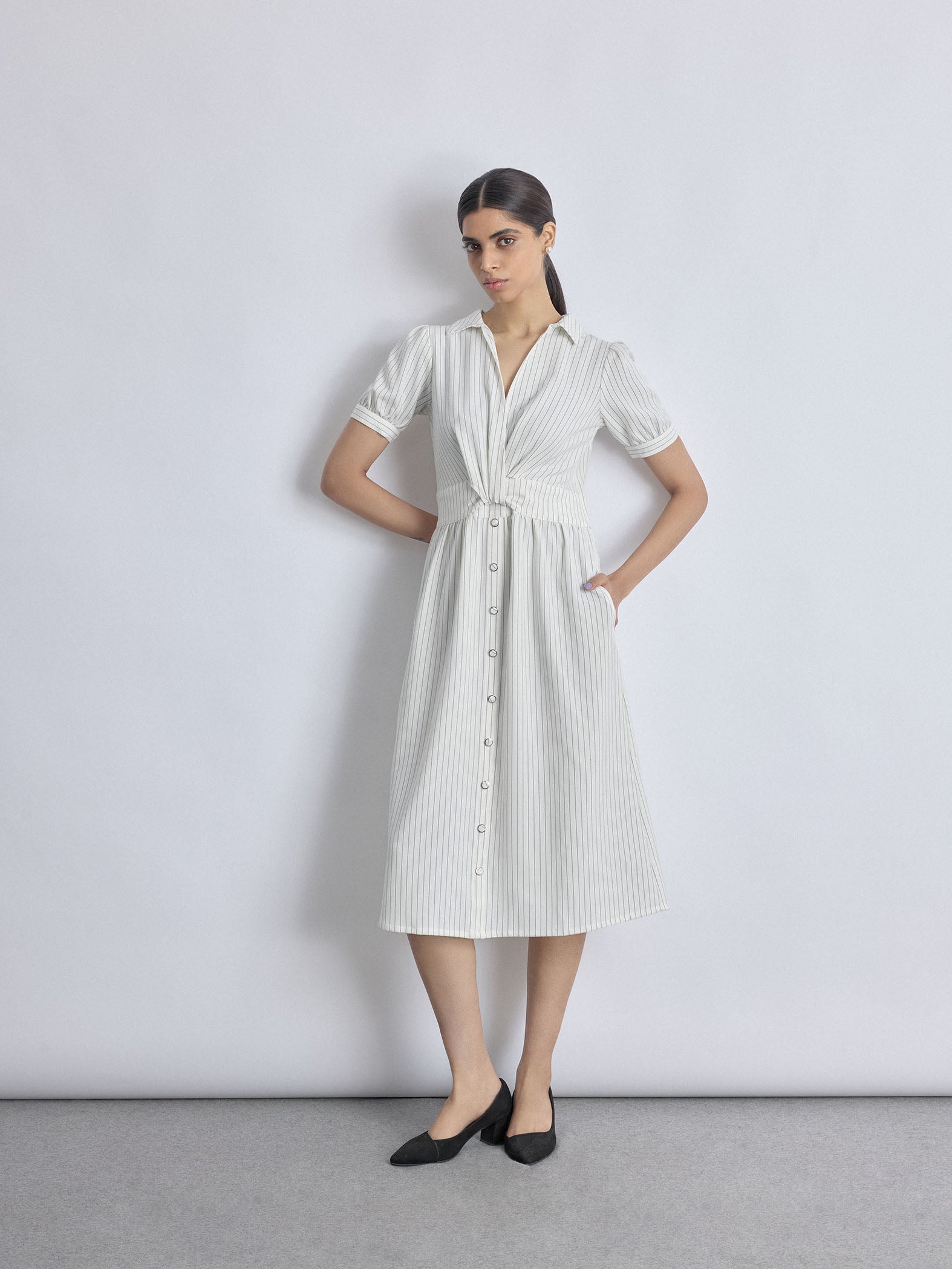 White Pinstripe Twist Detail Dress