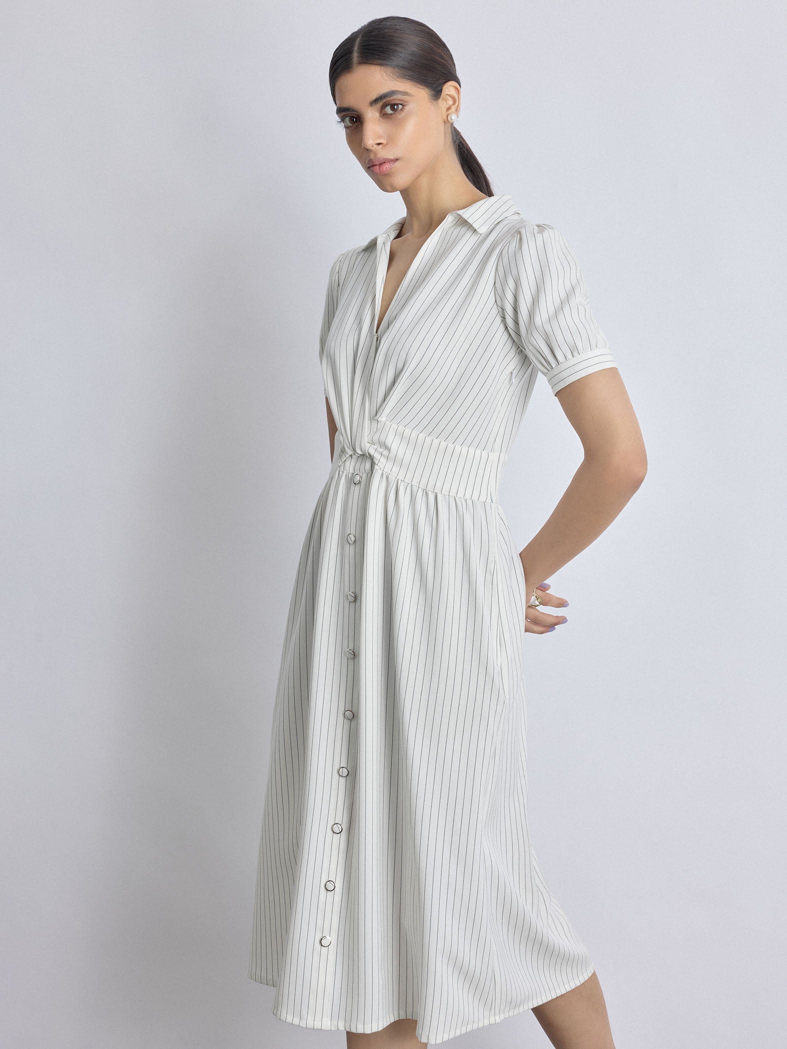 White Pinstripe Twist Detail Dress