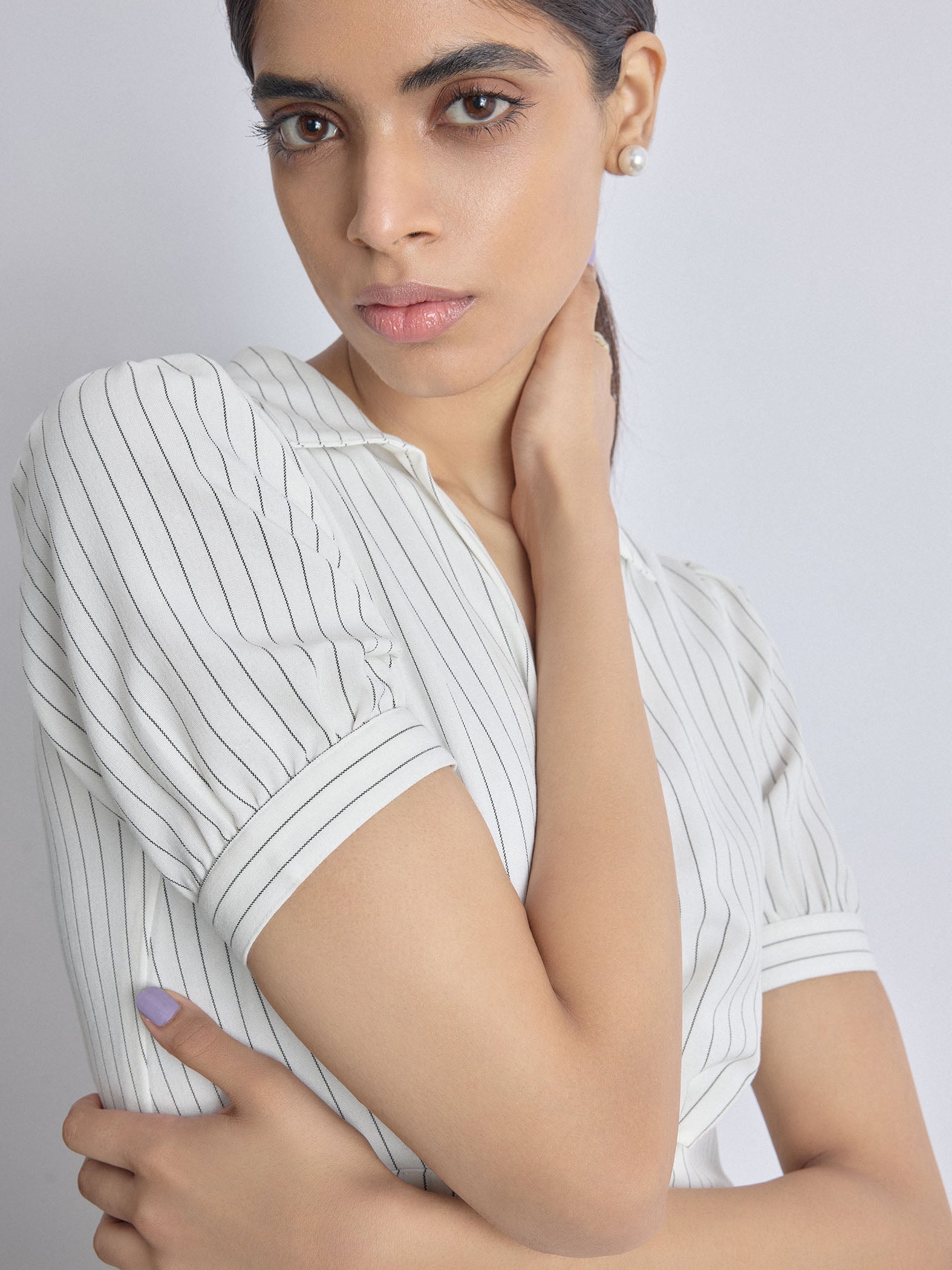 White Pinstripe Twist Detail Dress