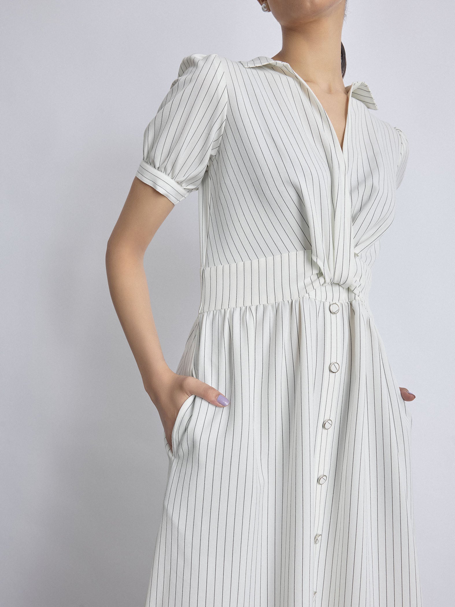 White Pinstripe Twist Detail Dress