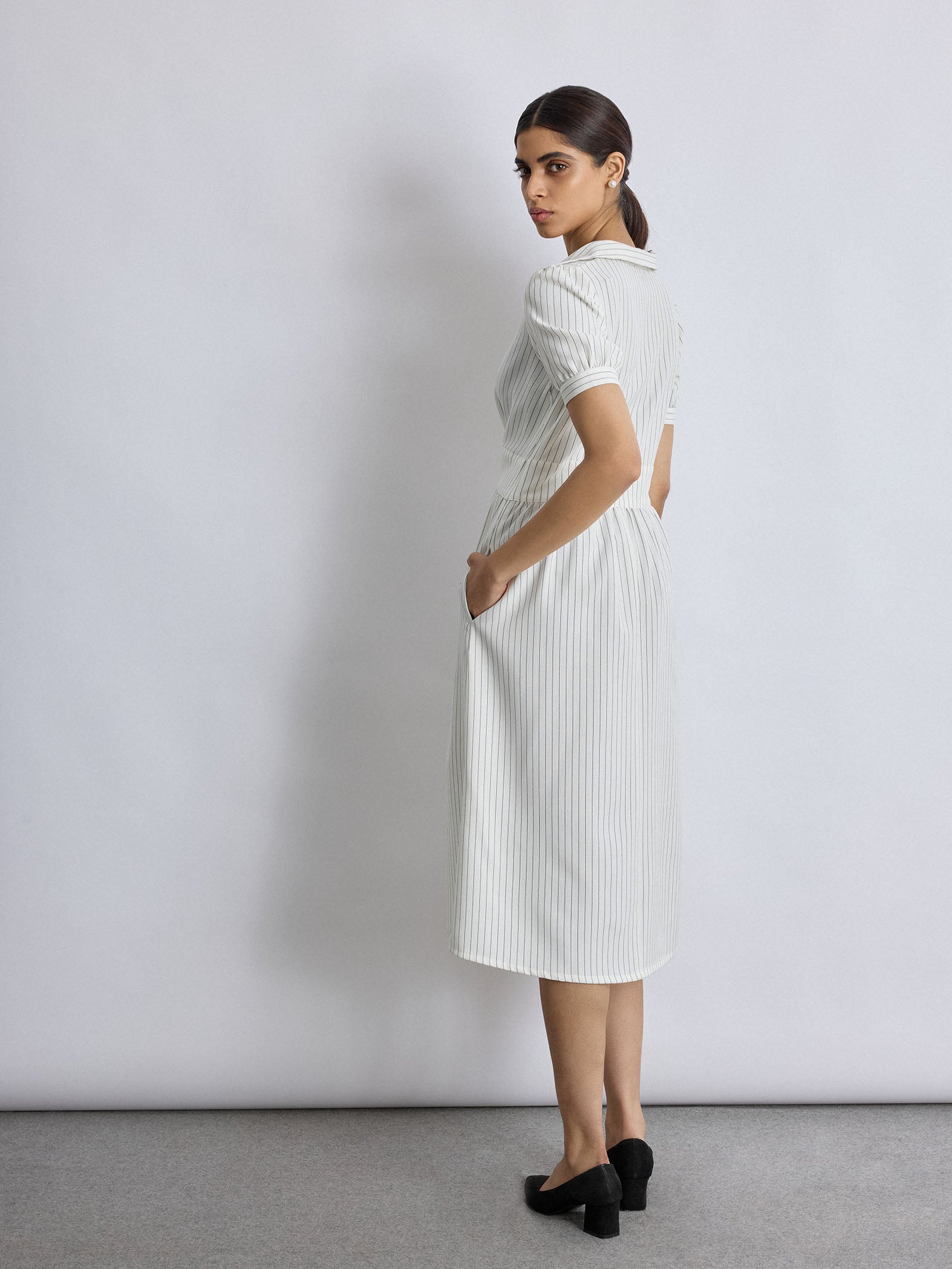 White Pinstripe Twist Detail Dress