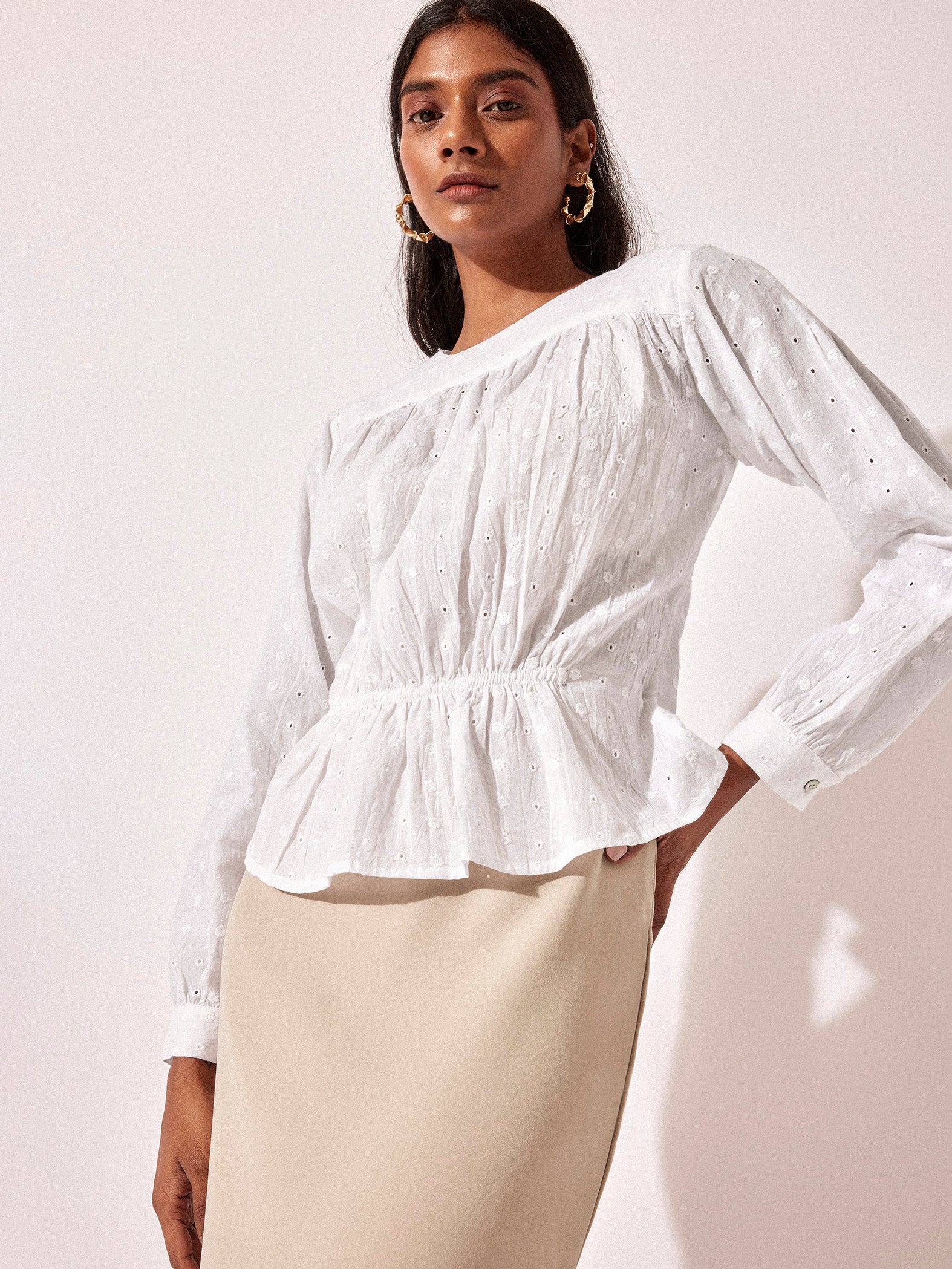 White Schiffli Elasticated Waist Top