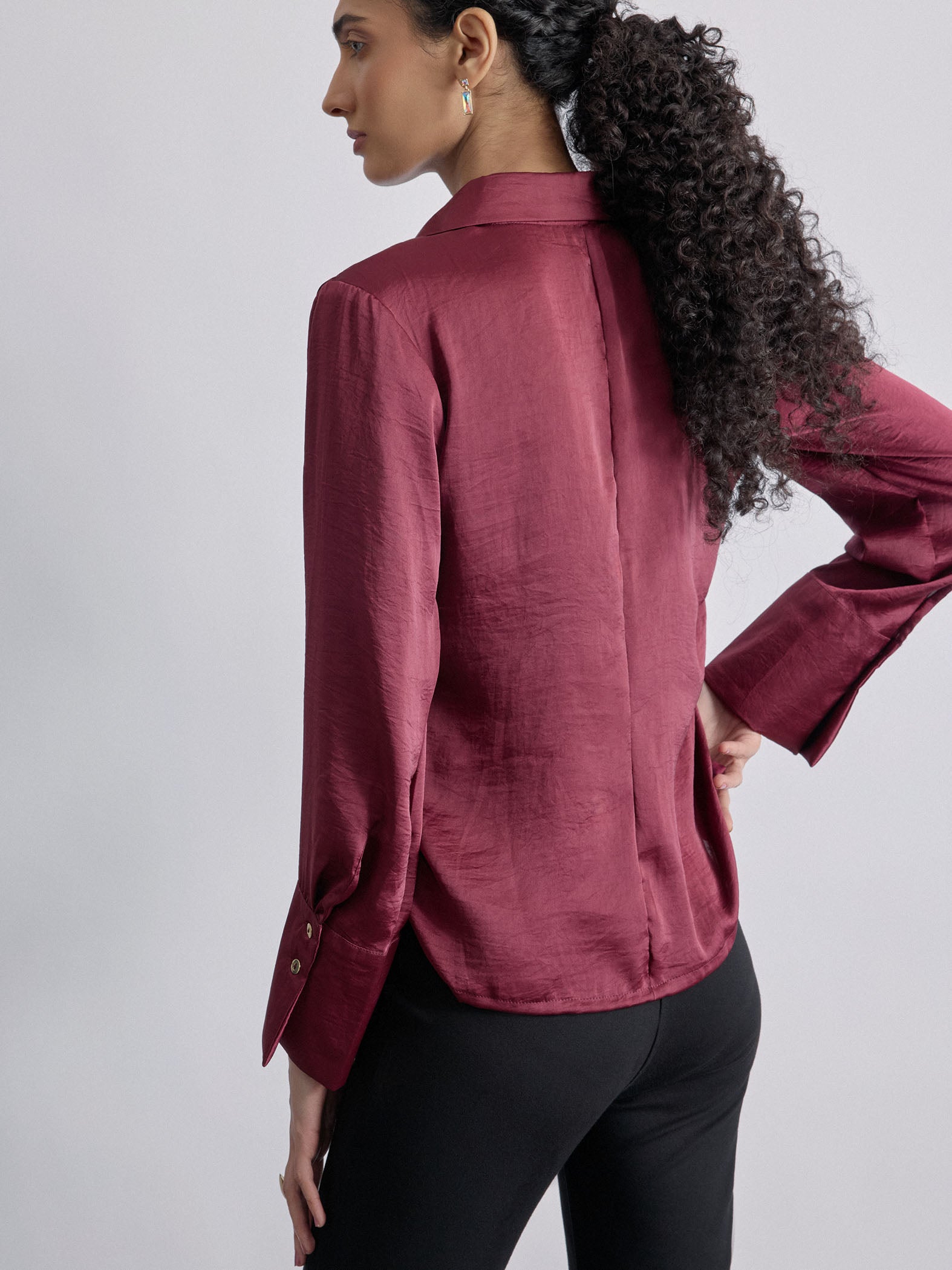 Wine Satin Side Ruched Shirt