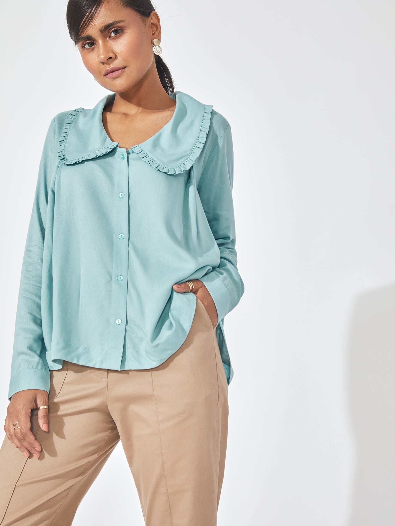 Aqua Ruffled Collar Shirt 
Aqua Ruffled Collar Shirt