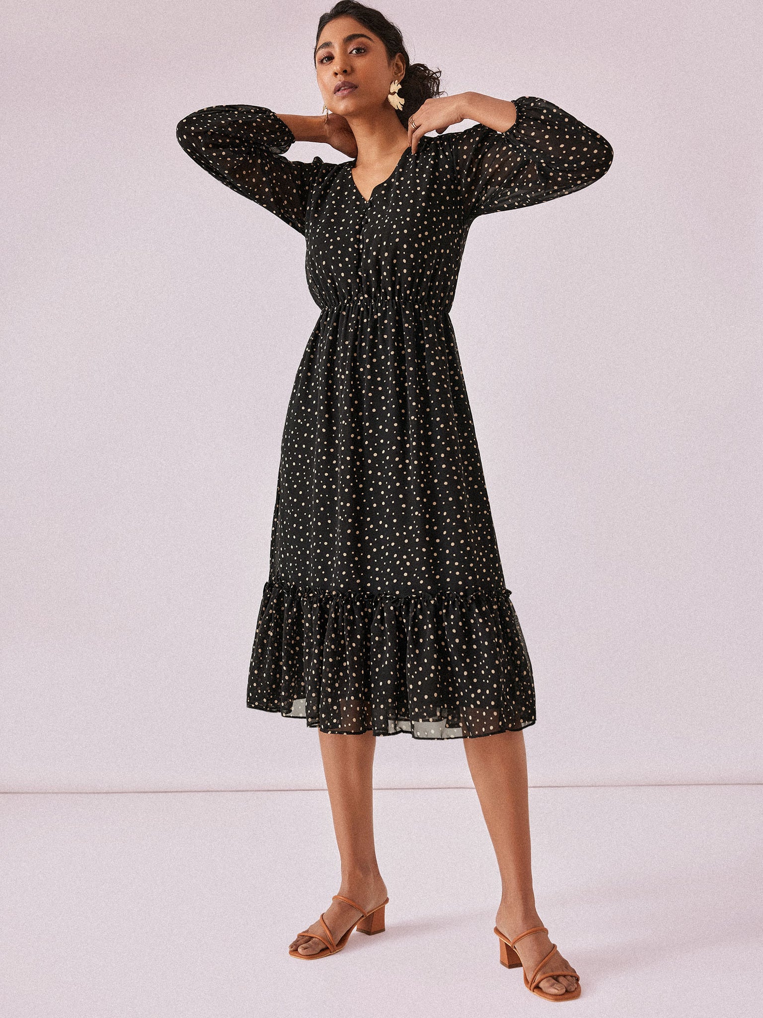 Black Chiffon Polka Midi Dress
Black Chiffon Polka Midi Dress