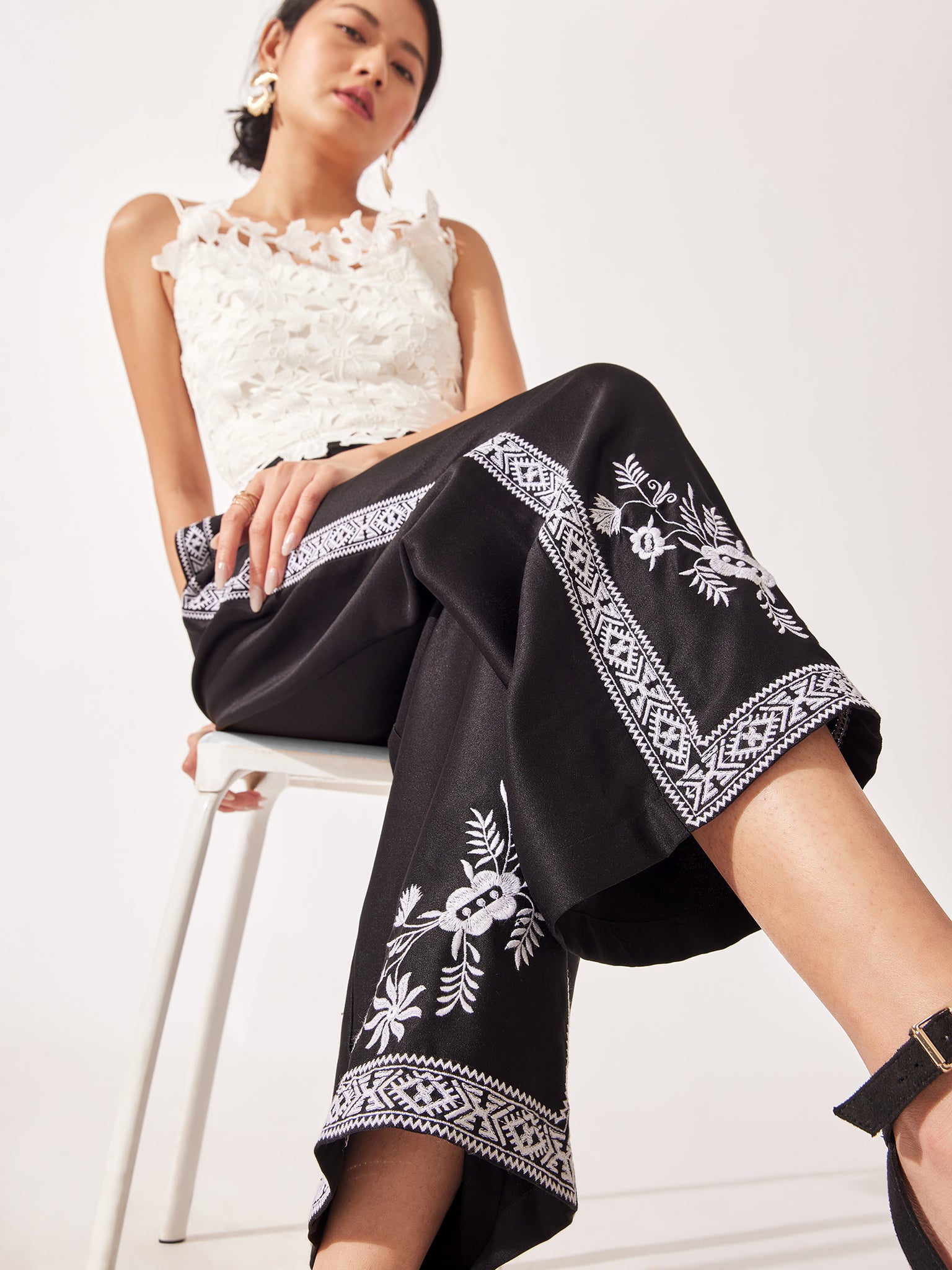 Black Floral Embroidered Pants 
Black Floral Embroidered Pants