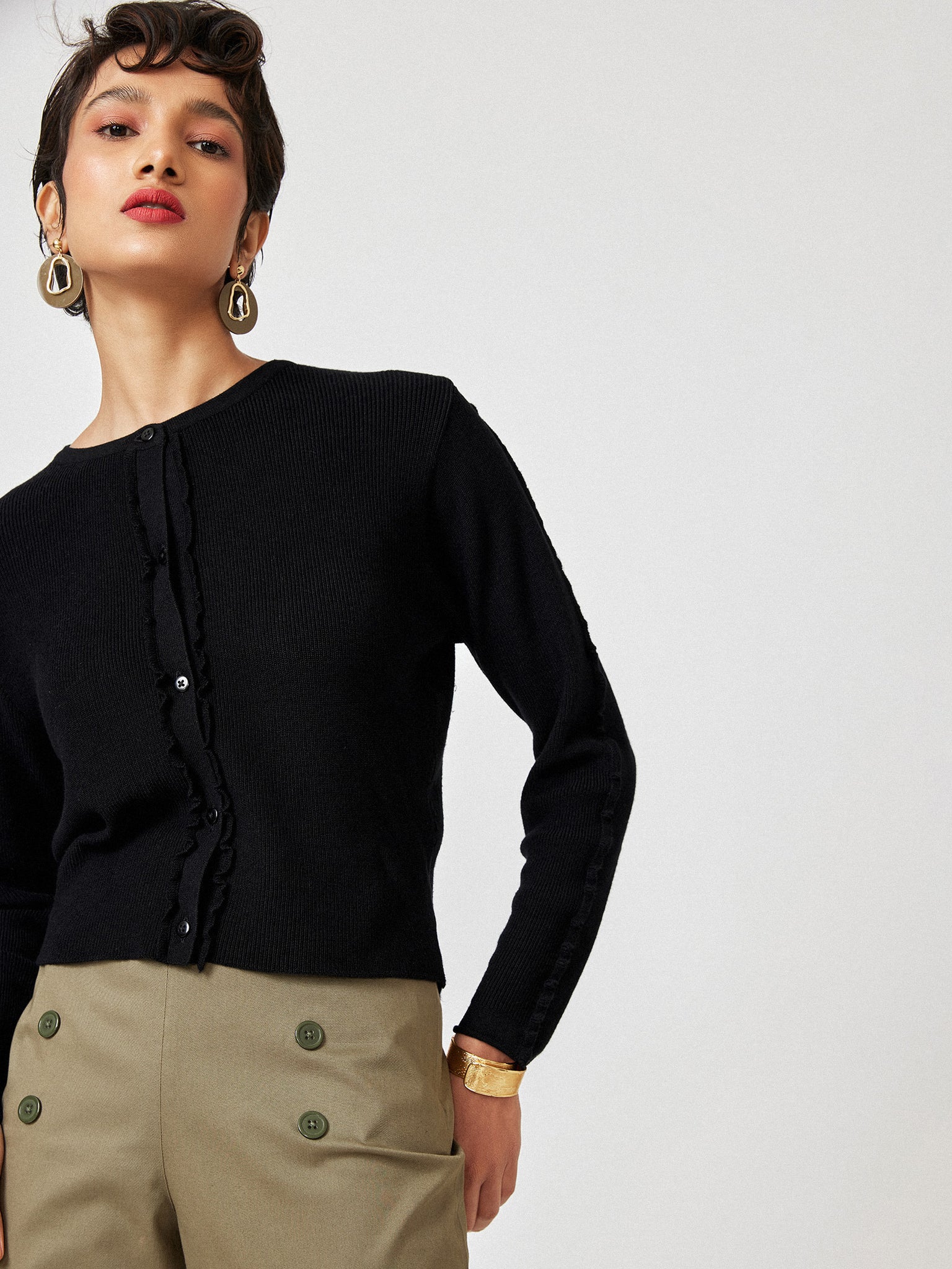 Black Ruffled Sleeve Cardigan 
Black Ruffled Sleeve Cardigan