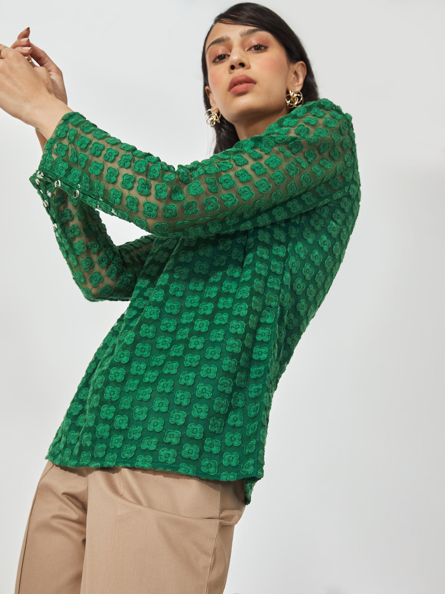 Bottle Green Embroidered Ruffle Neck Top 
Bottle Green Embroidered Ruffle Neck Top