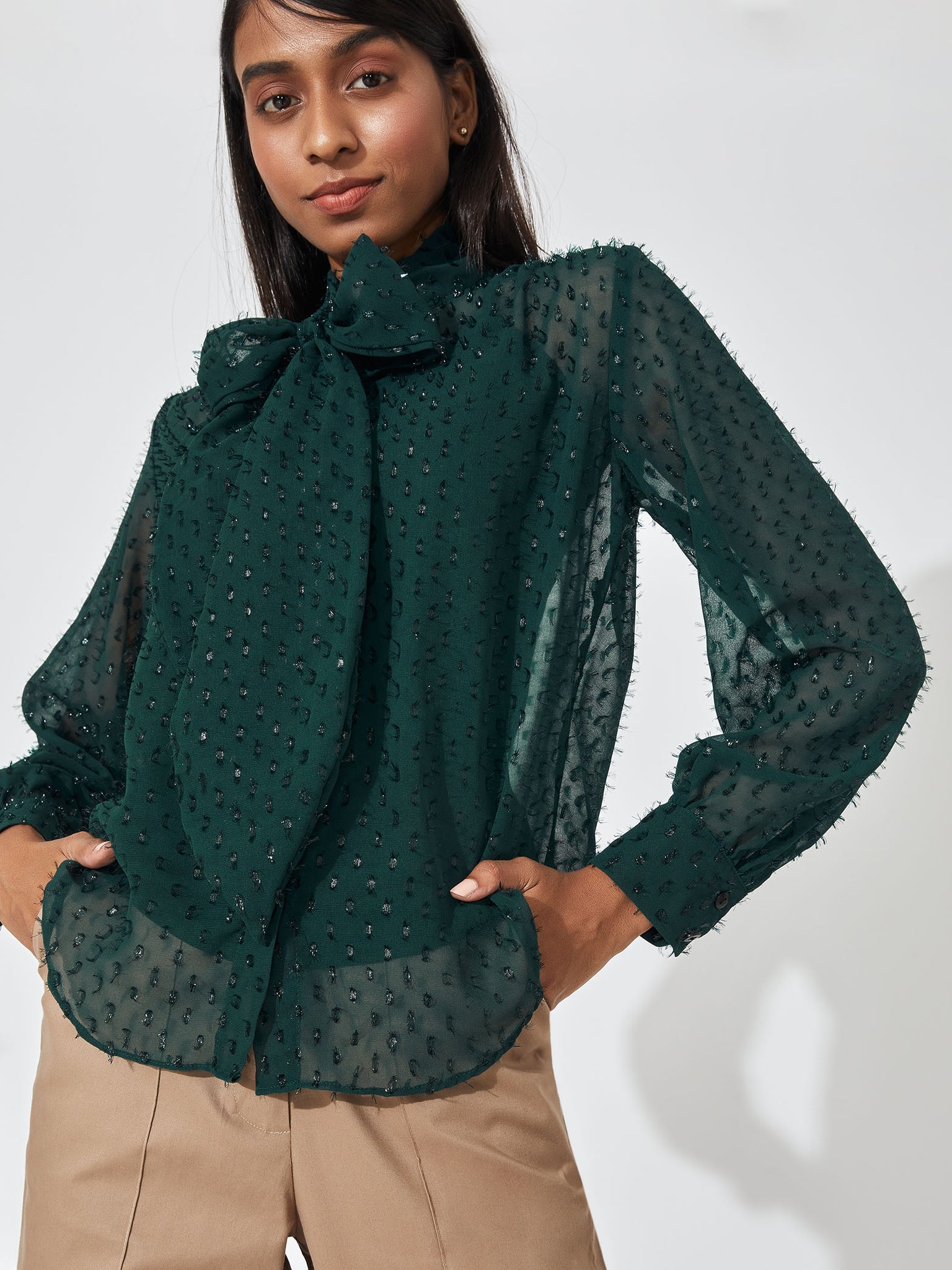 Bottle green Sheer Pussybow Shirt
Bottle green Sheer Pussybow Shirt