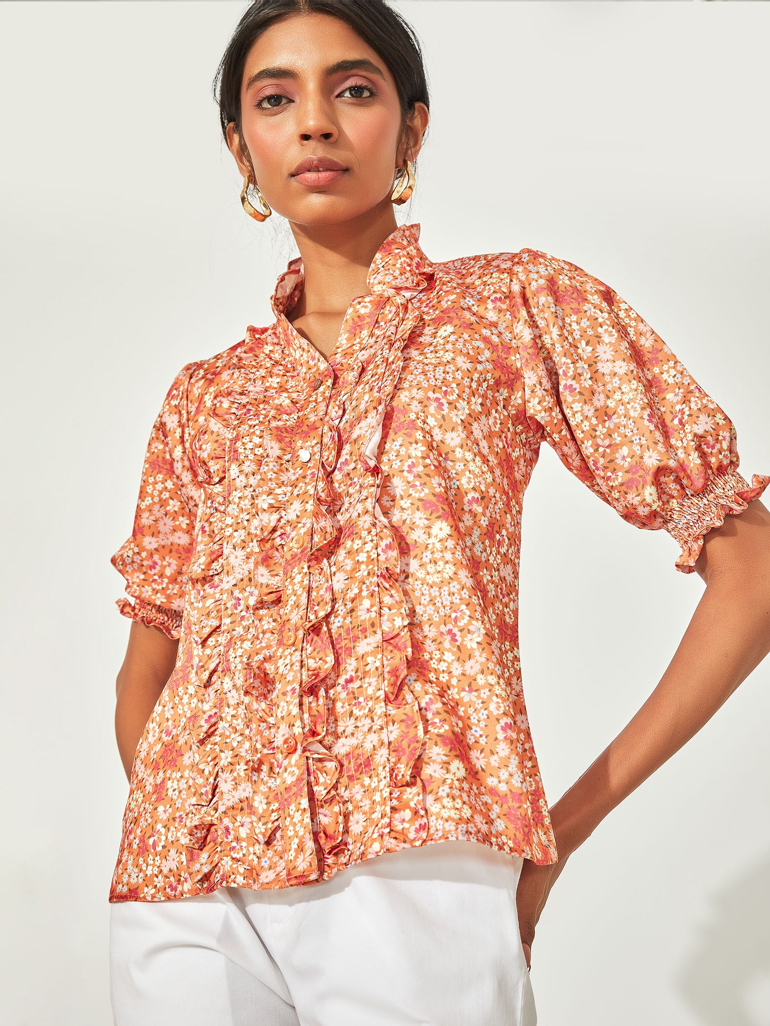 Flame Floral Ruffle Neck Top 
Flame Floral Ruffle Neck Top