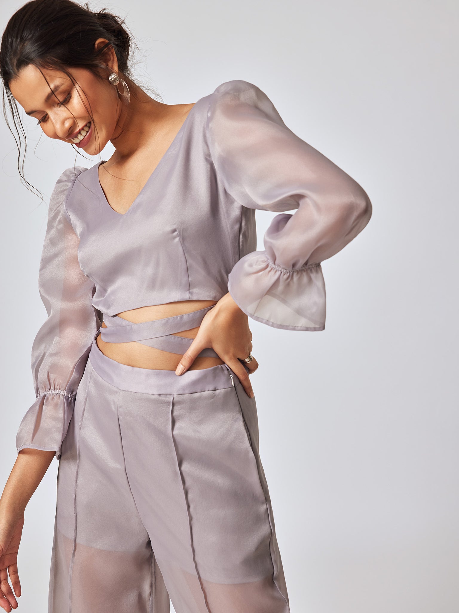 Grey Organza Puff Sleeve Top 
Grey Organza Puff Sleeve Top
