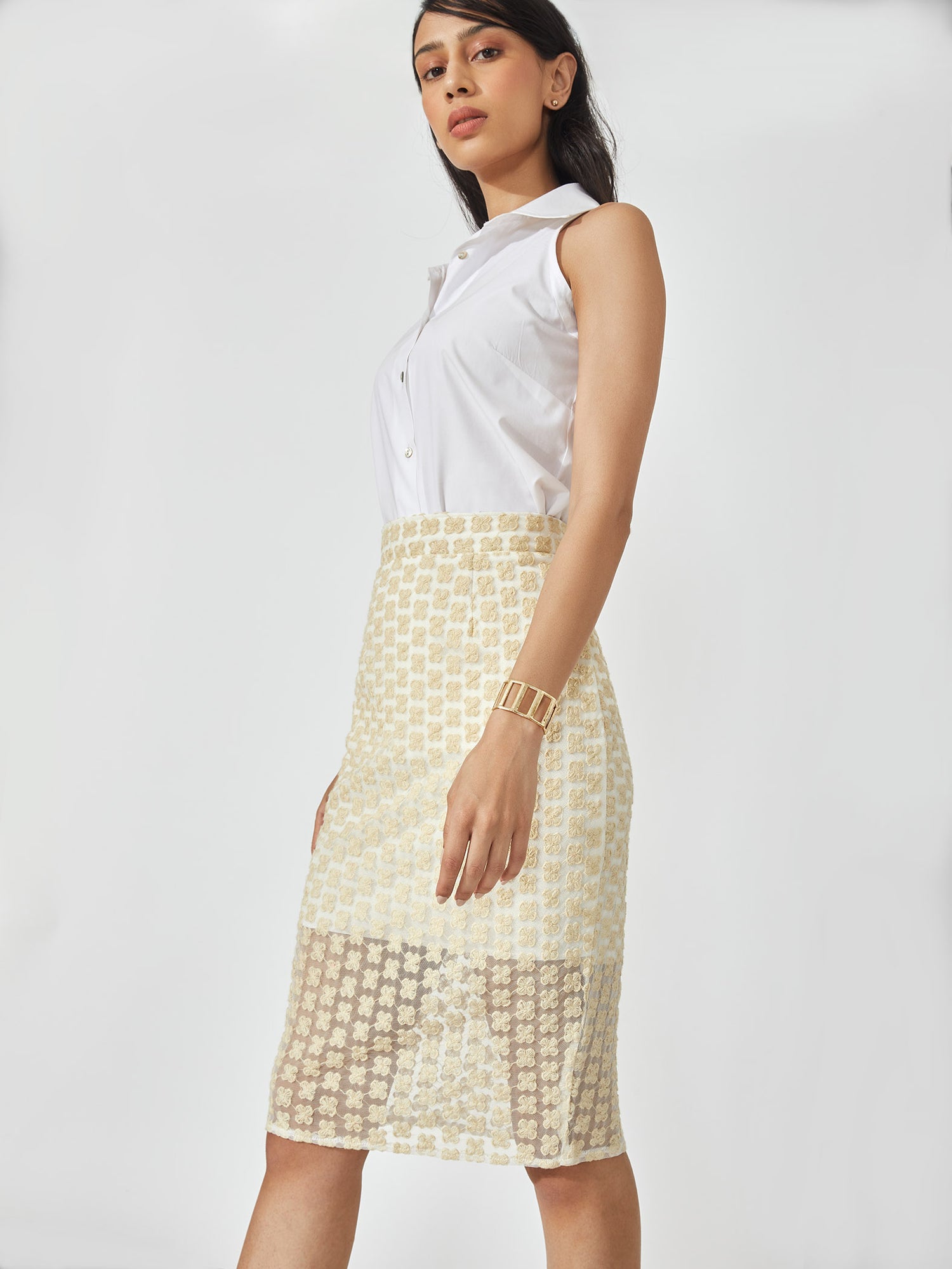 Ivory Embroidered Midi Skirt