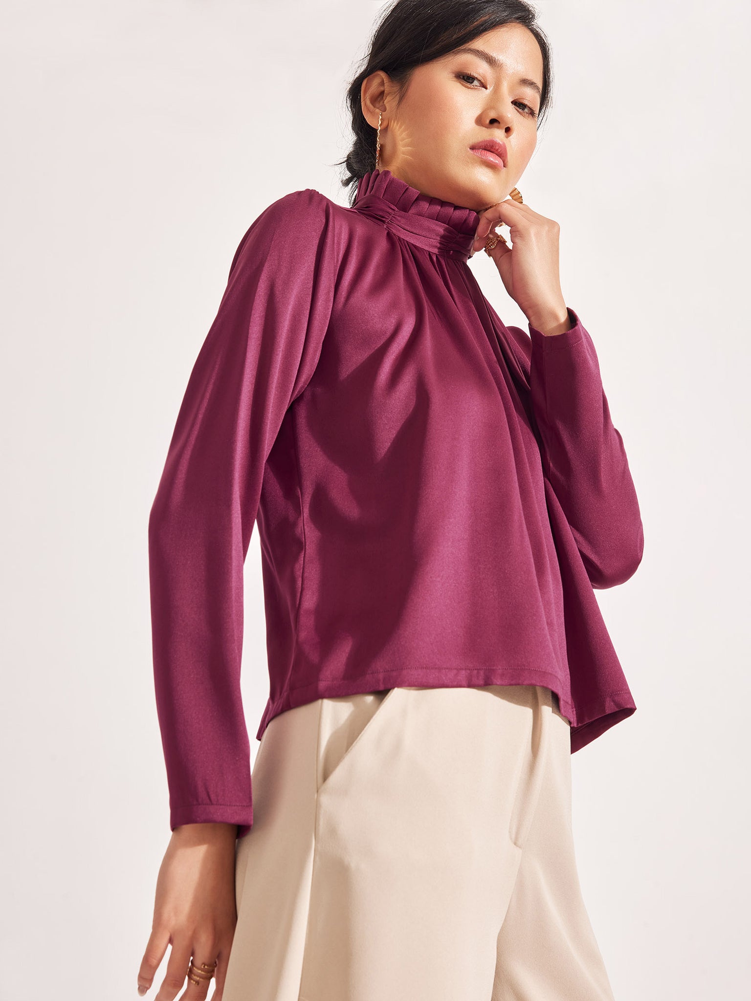 Plum Satin Ruffle Neck Top
Plum Satin Ruffle Neck Top
