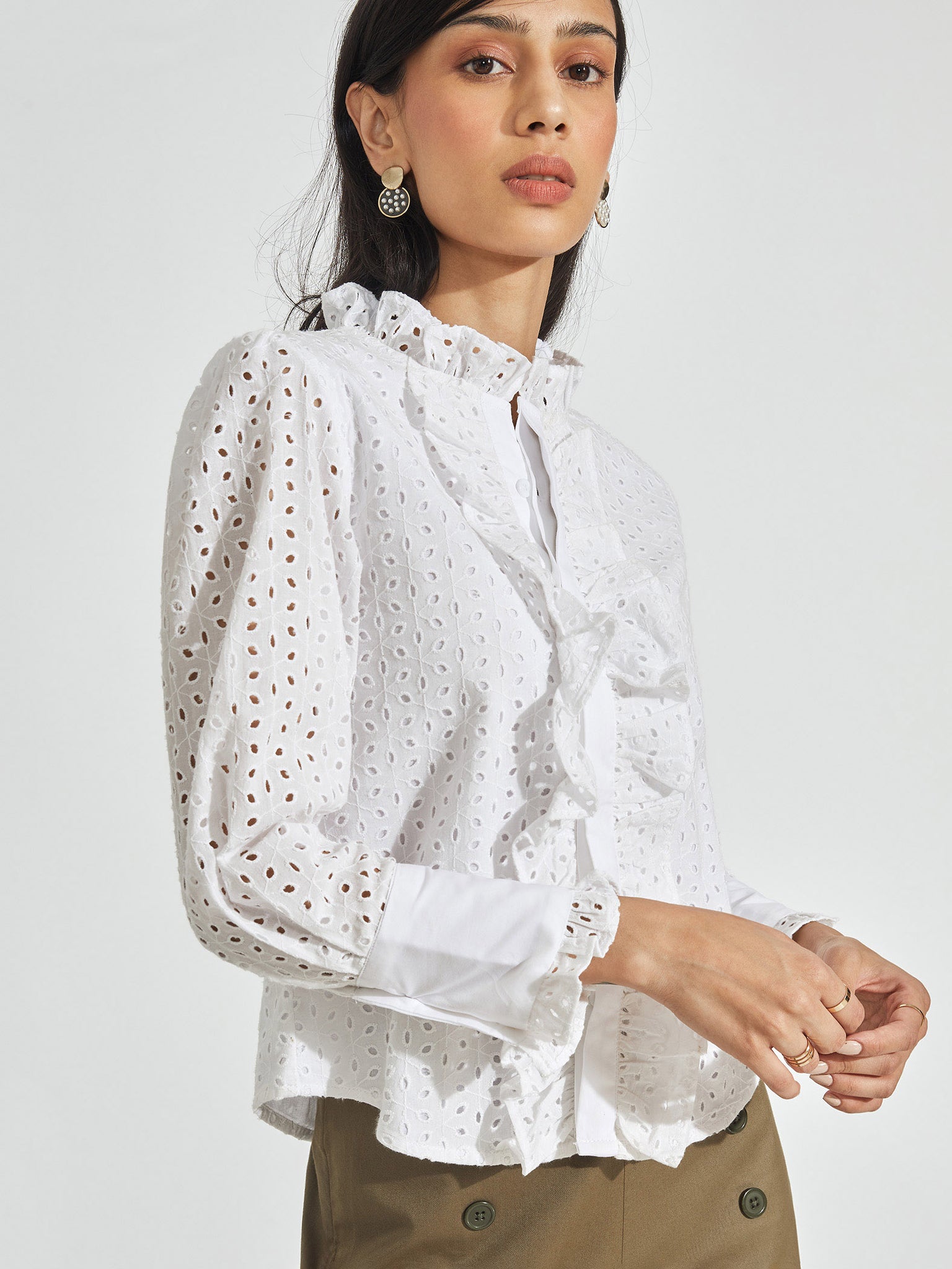 White Schiffli Ruffled Shirt
White Schiffli Ruffled Shirt