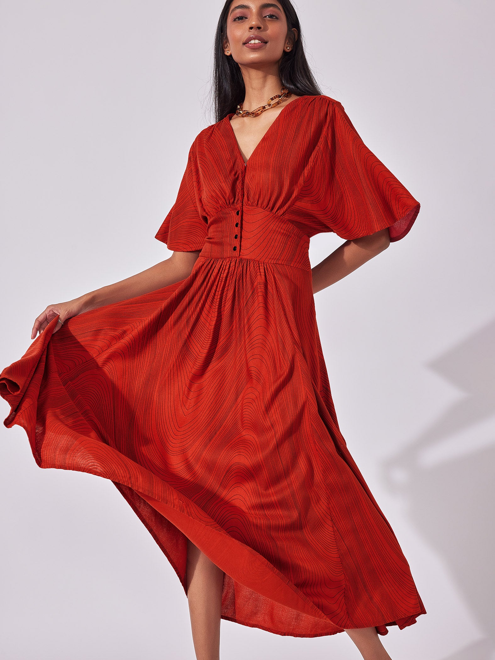 Buy Rust Wave Print Midi Dress Online The Label Life