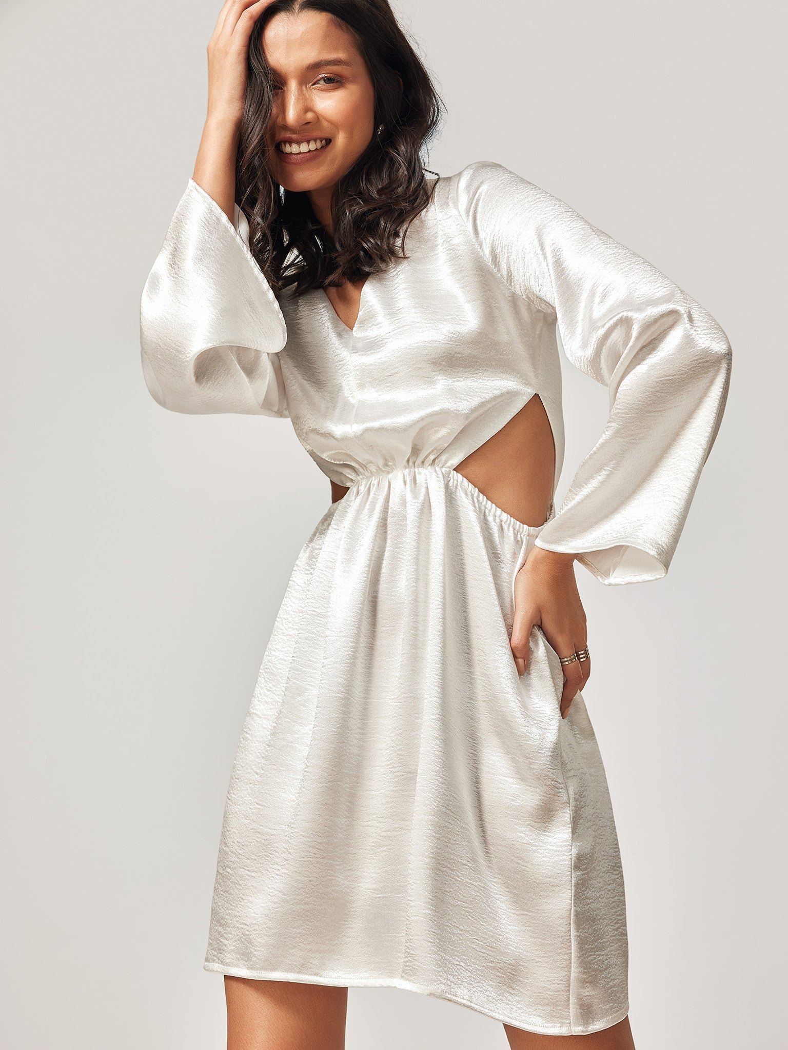 Silver Satin Cutout Mini Dress
Silver Satin Cutout Mini Dress