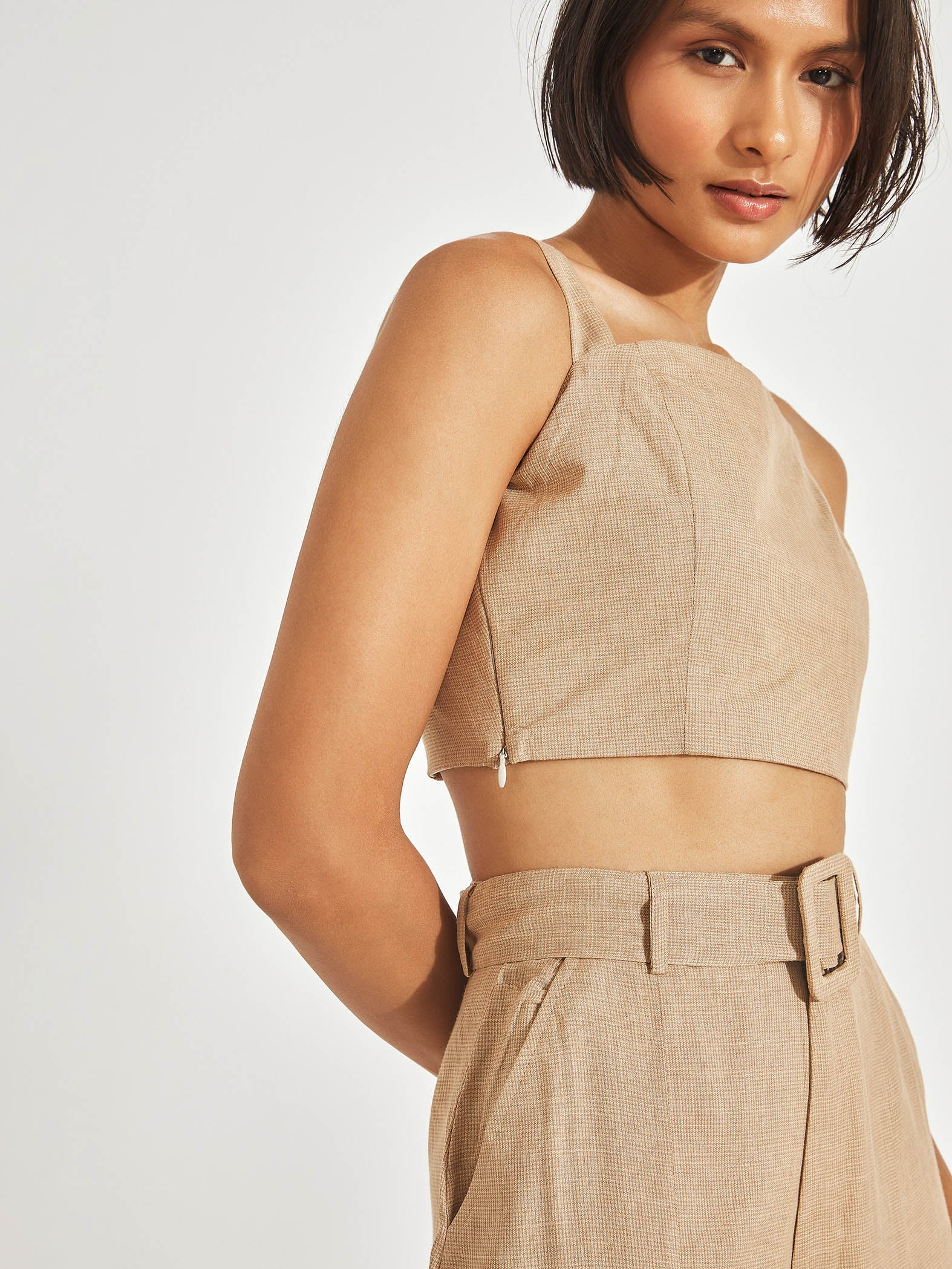 Sand Smocked Back Crop Bustier