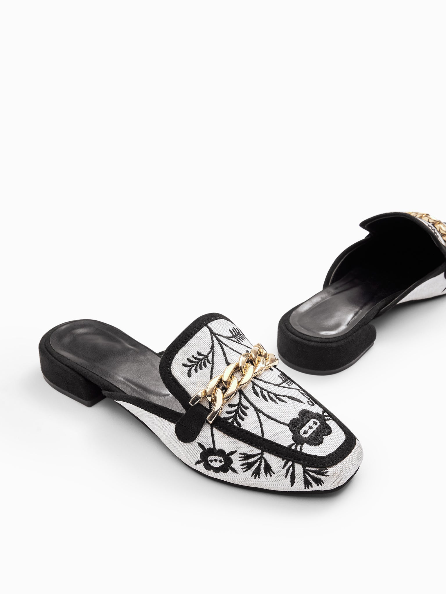 White Embroidered Chain Mules
White Embroidered Chain Mules