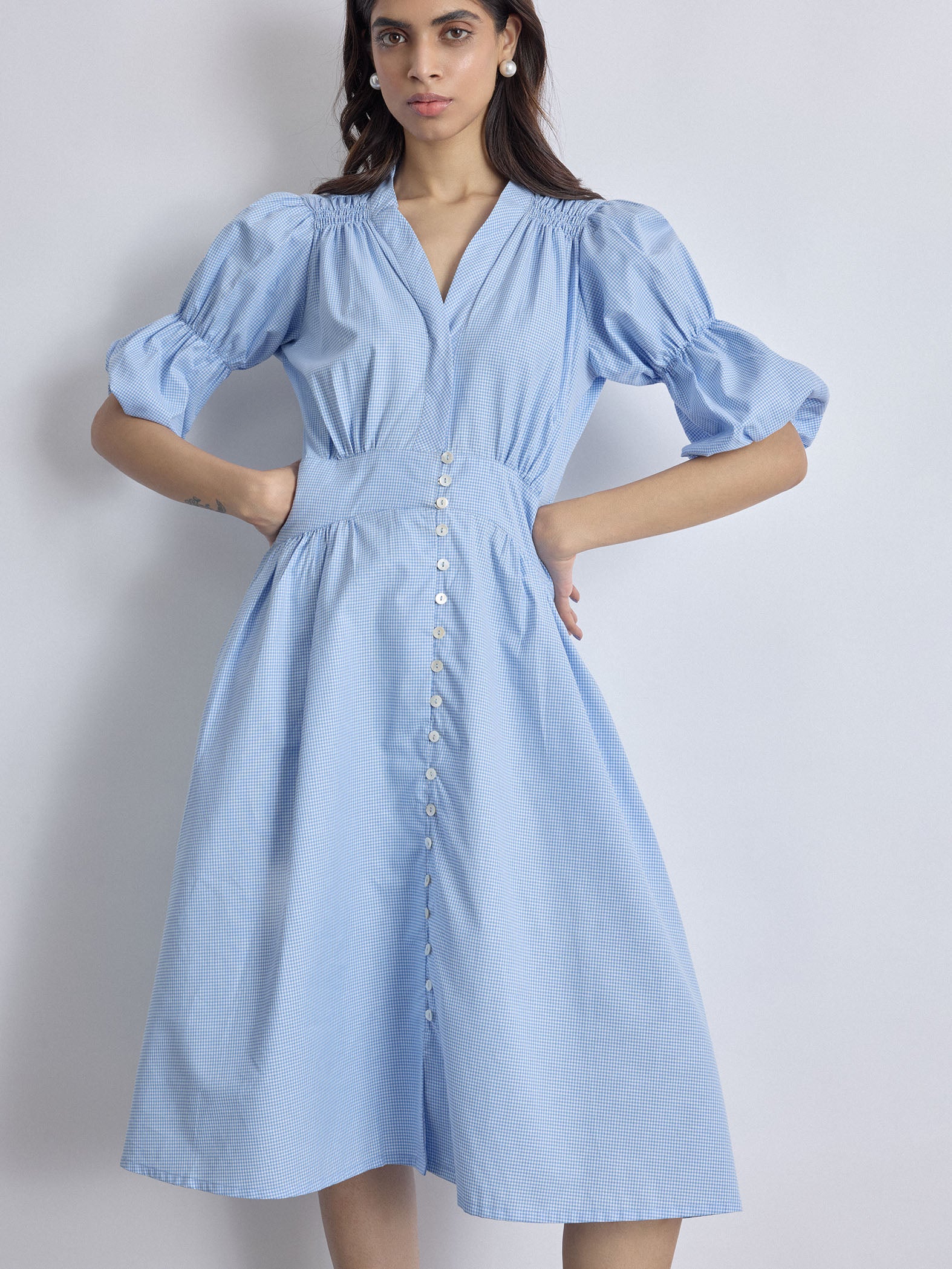 Aqua Gingham Puff Sleeve Dress