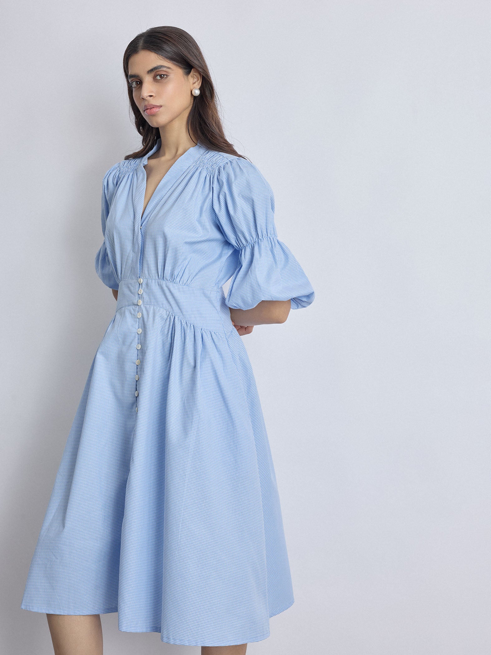 Aqua Gingham Puff Sleeve Dress