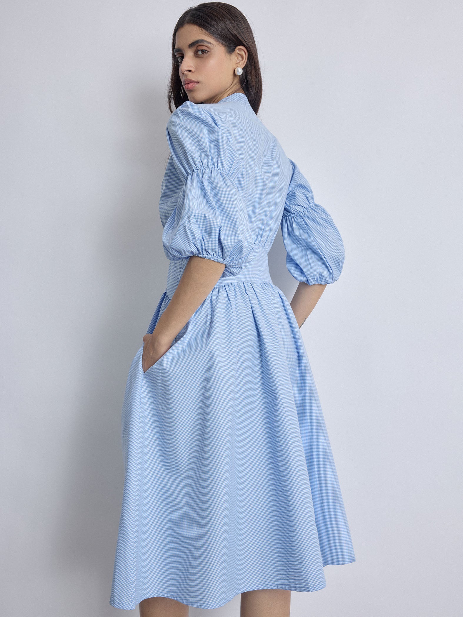 Aqua Gingham Puff Sleeve Dress