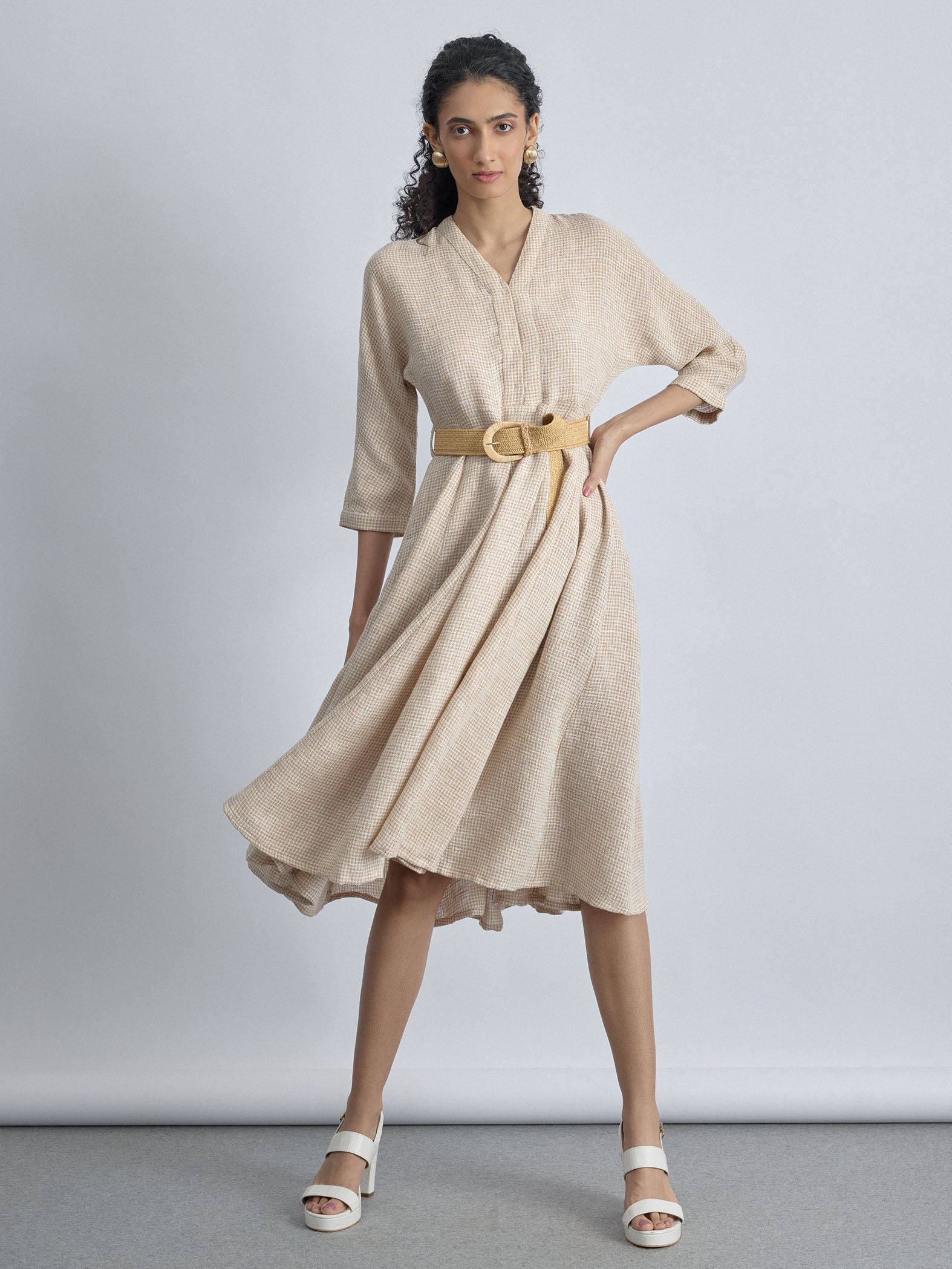 Beige Jute Godet Belted Dress