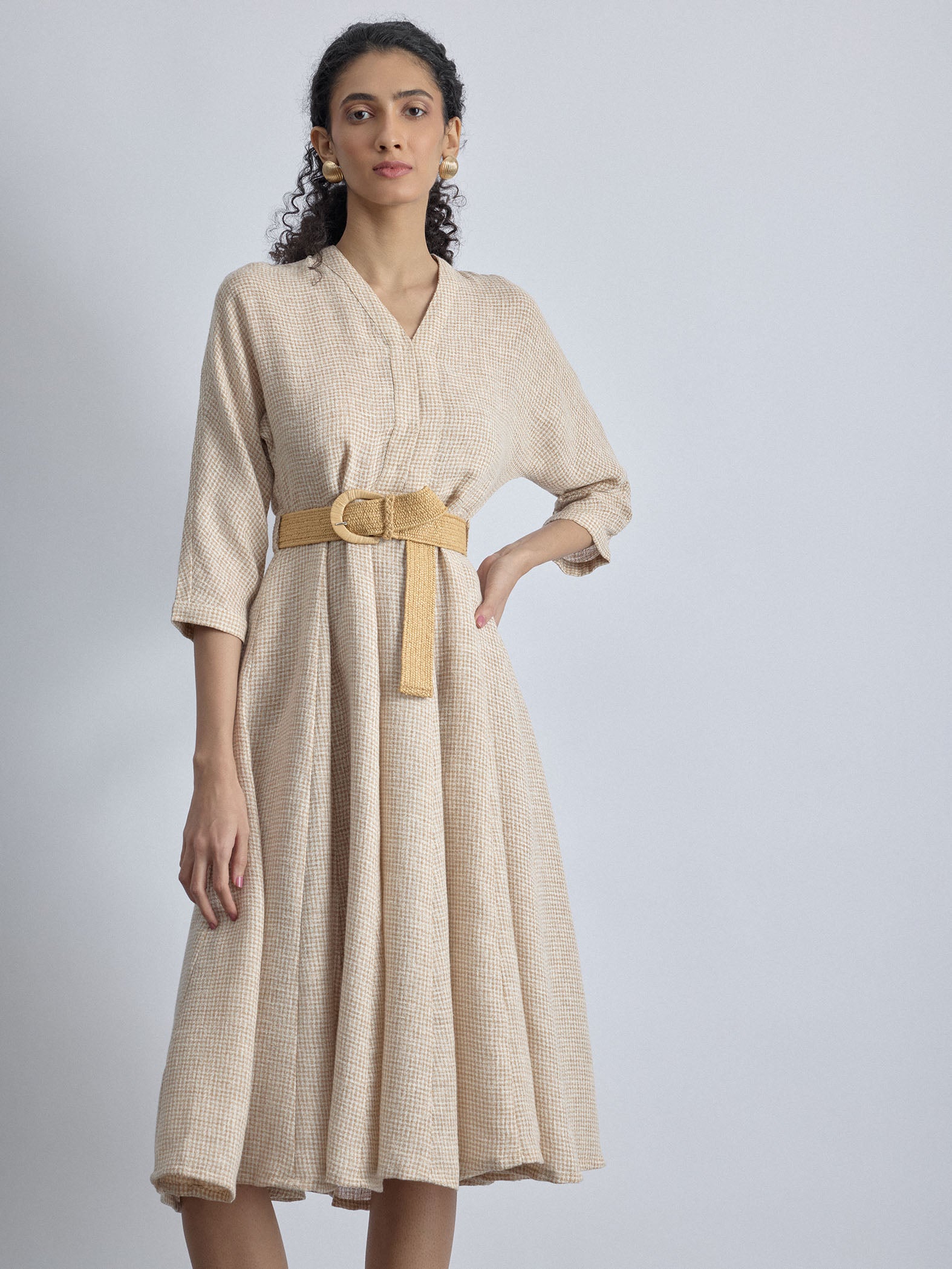 Beige Jute Godet Belted Dress