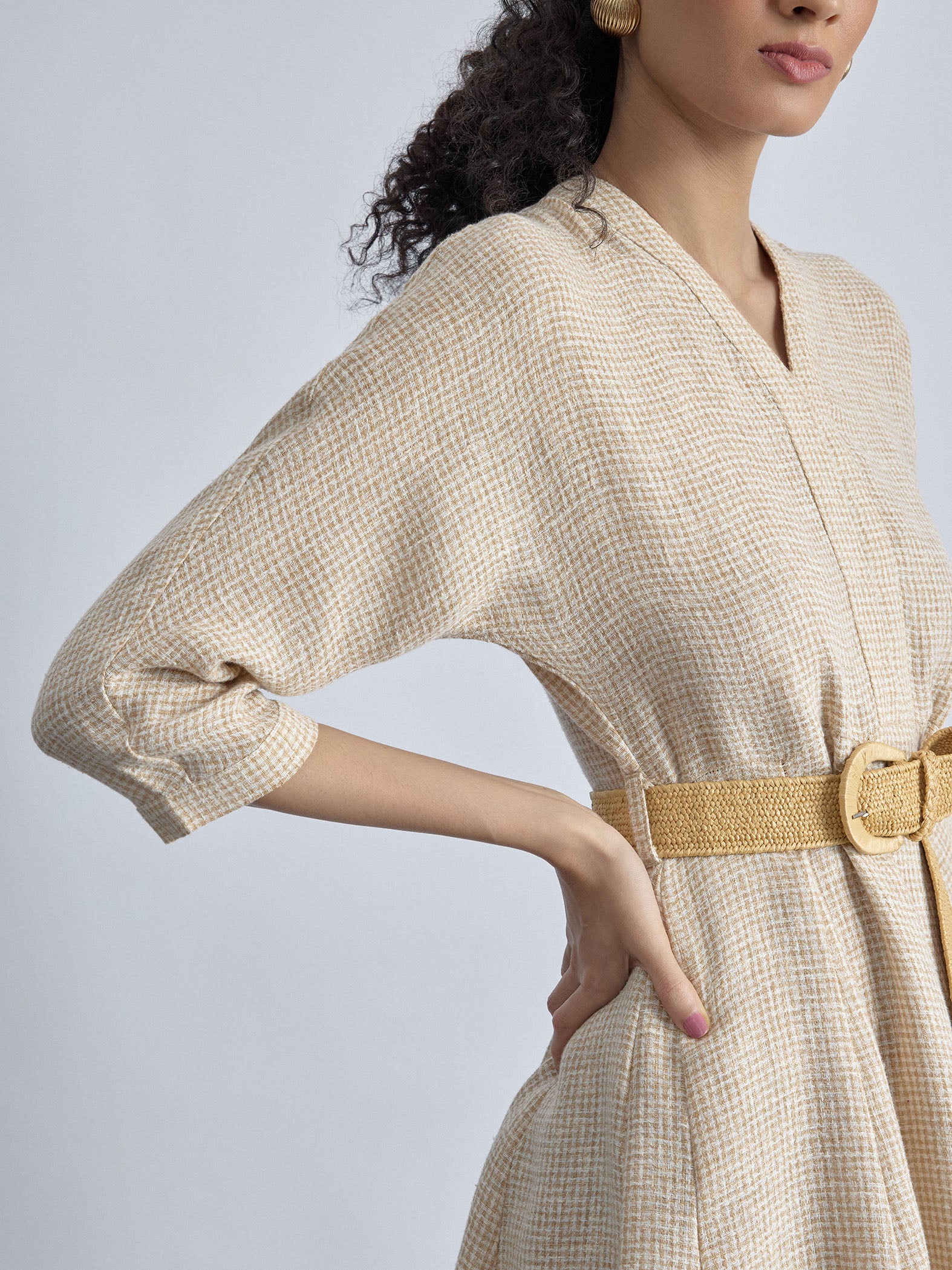 Beige Jute Godet Belted Dress