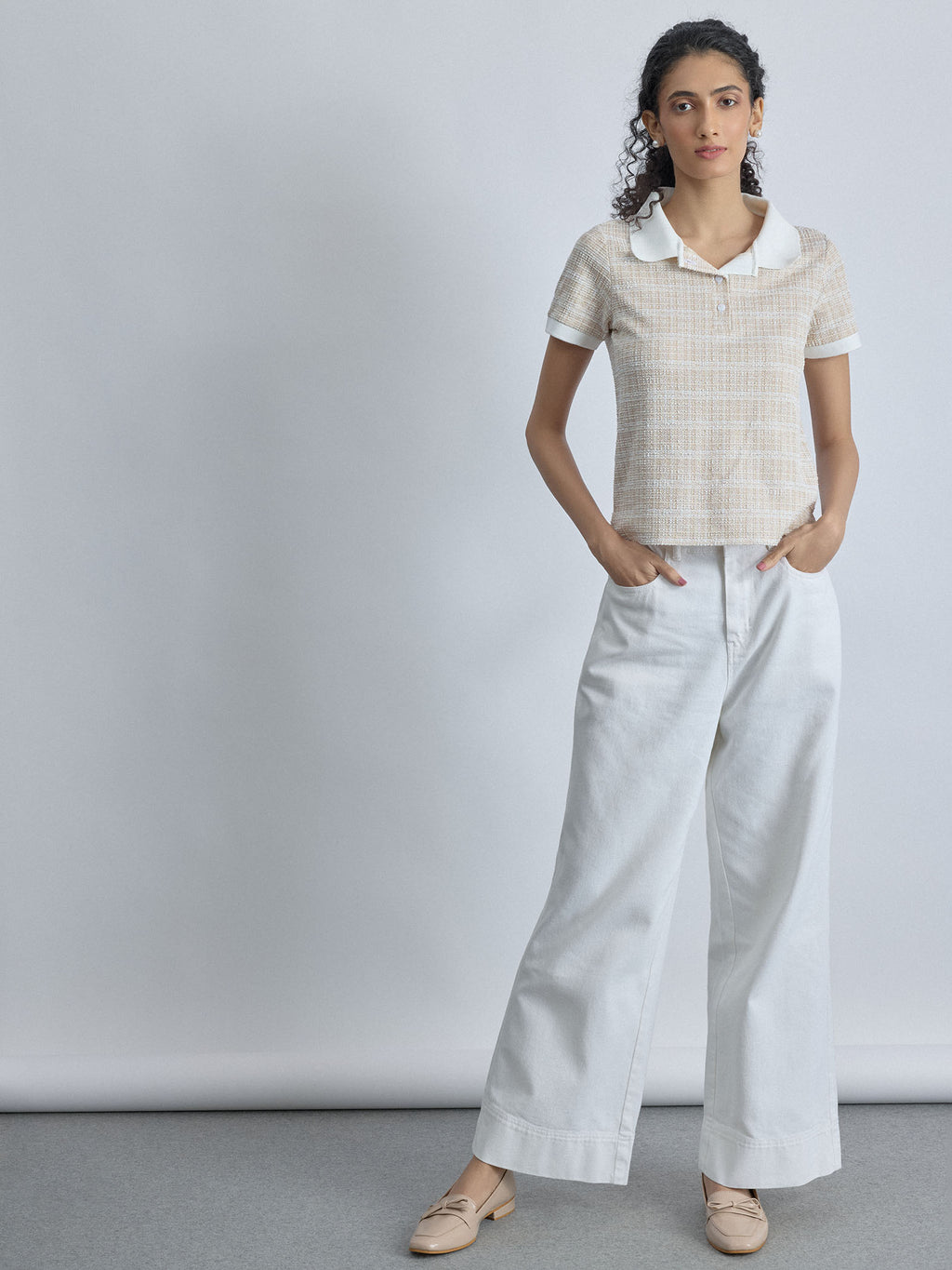 Beige Tweed Contrast Collar Top