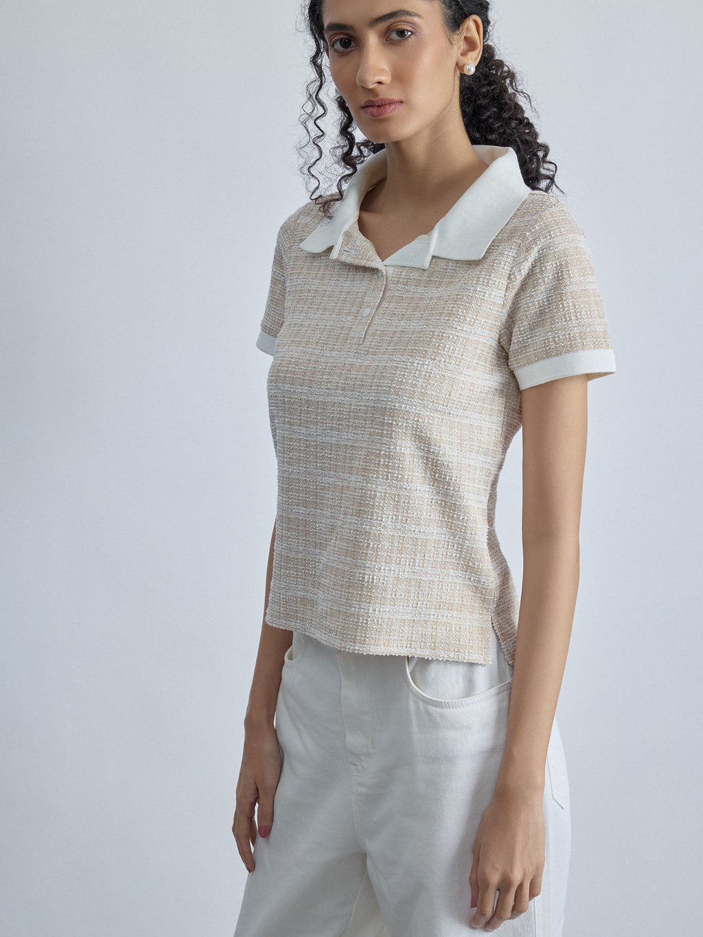 Beige Tweed Contrast Collar Top