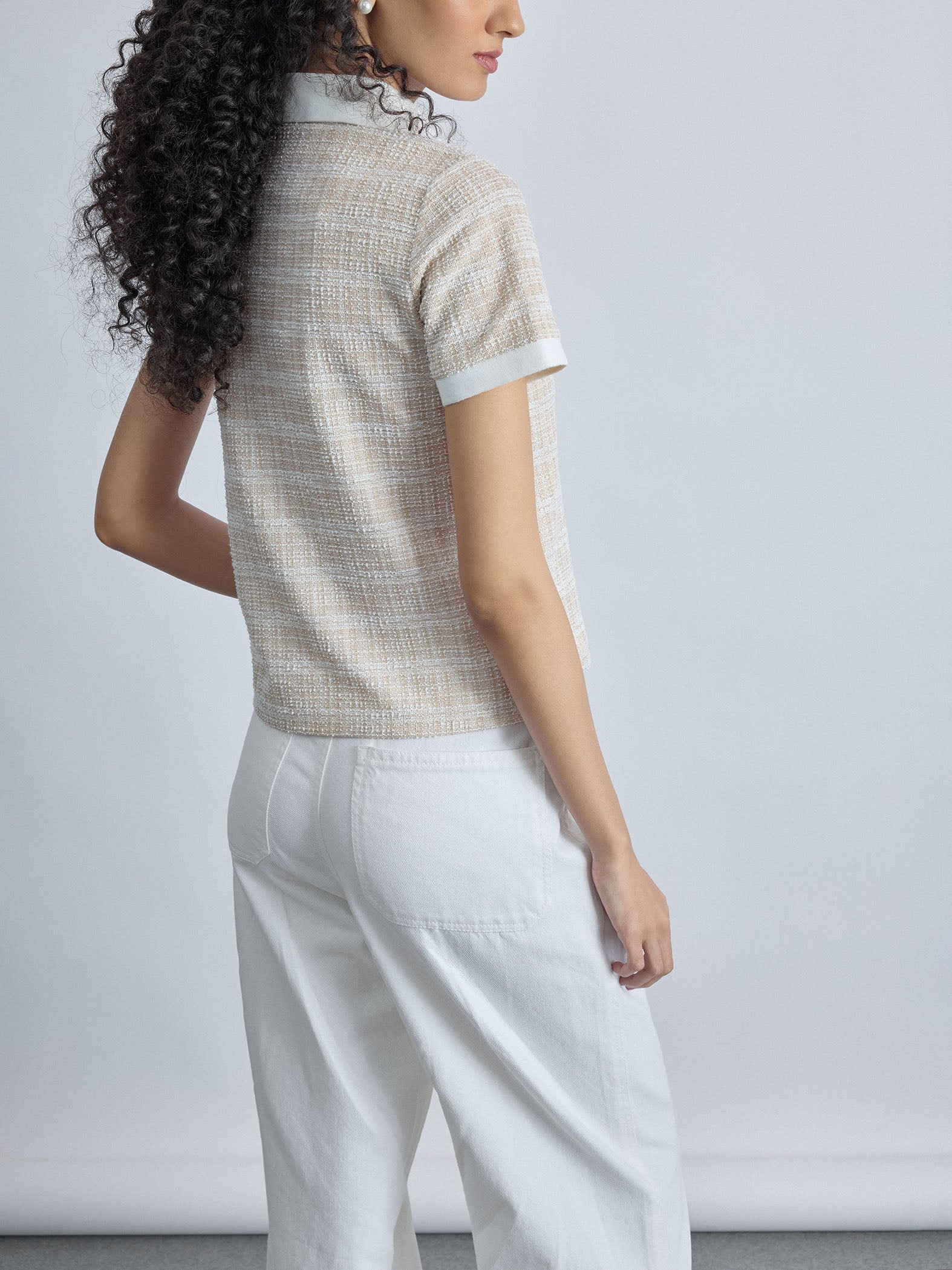 Beige Tweed Contrast Collar Top