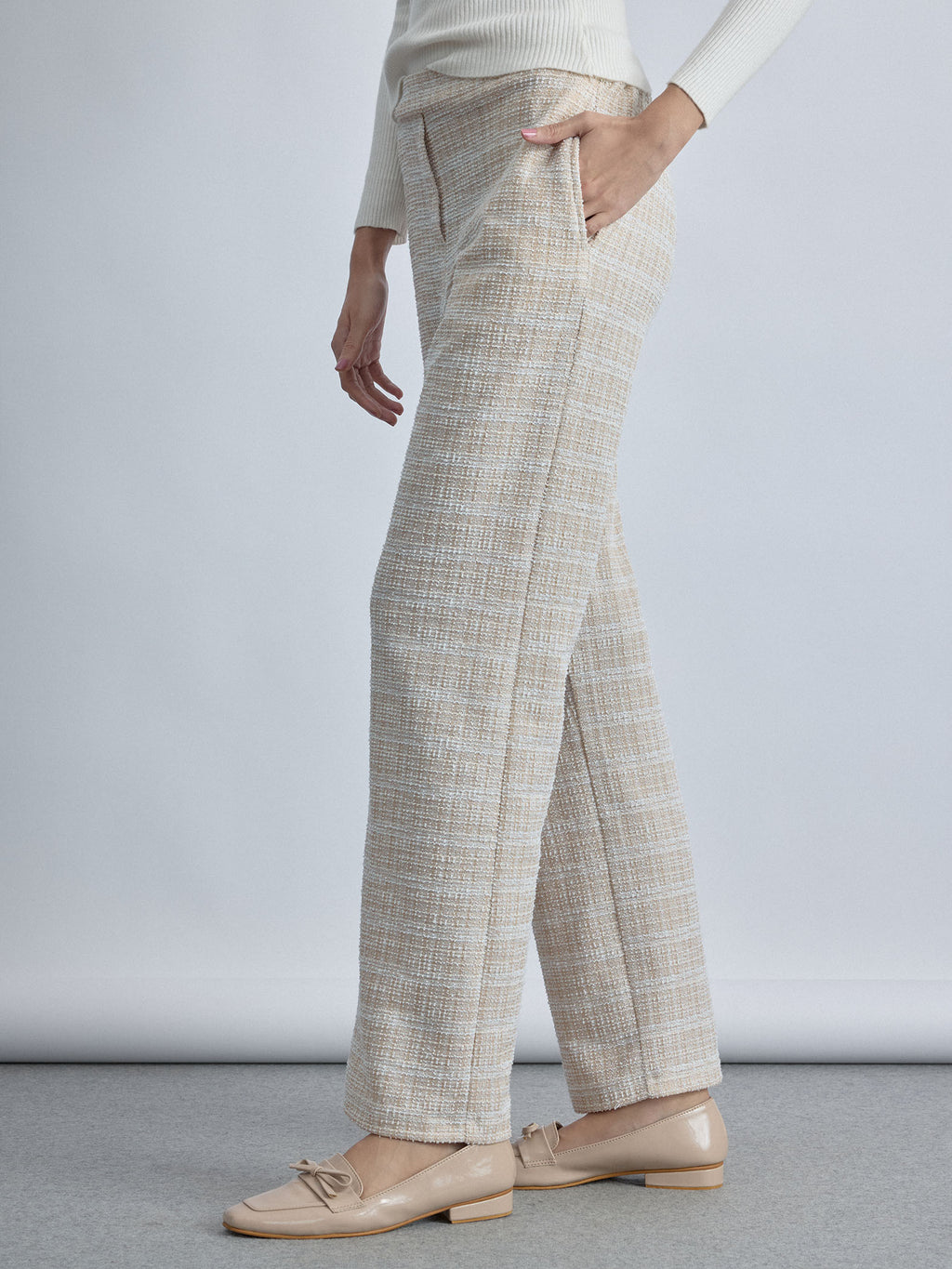 Beige Tweed Flared Pants