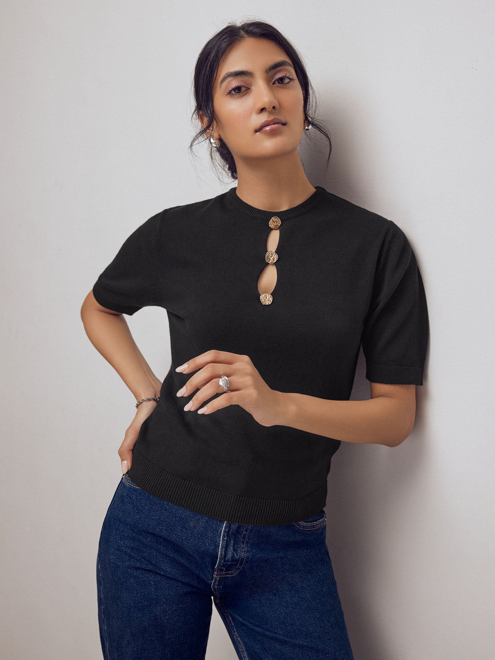 Black Button Detail Knit Top