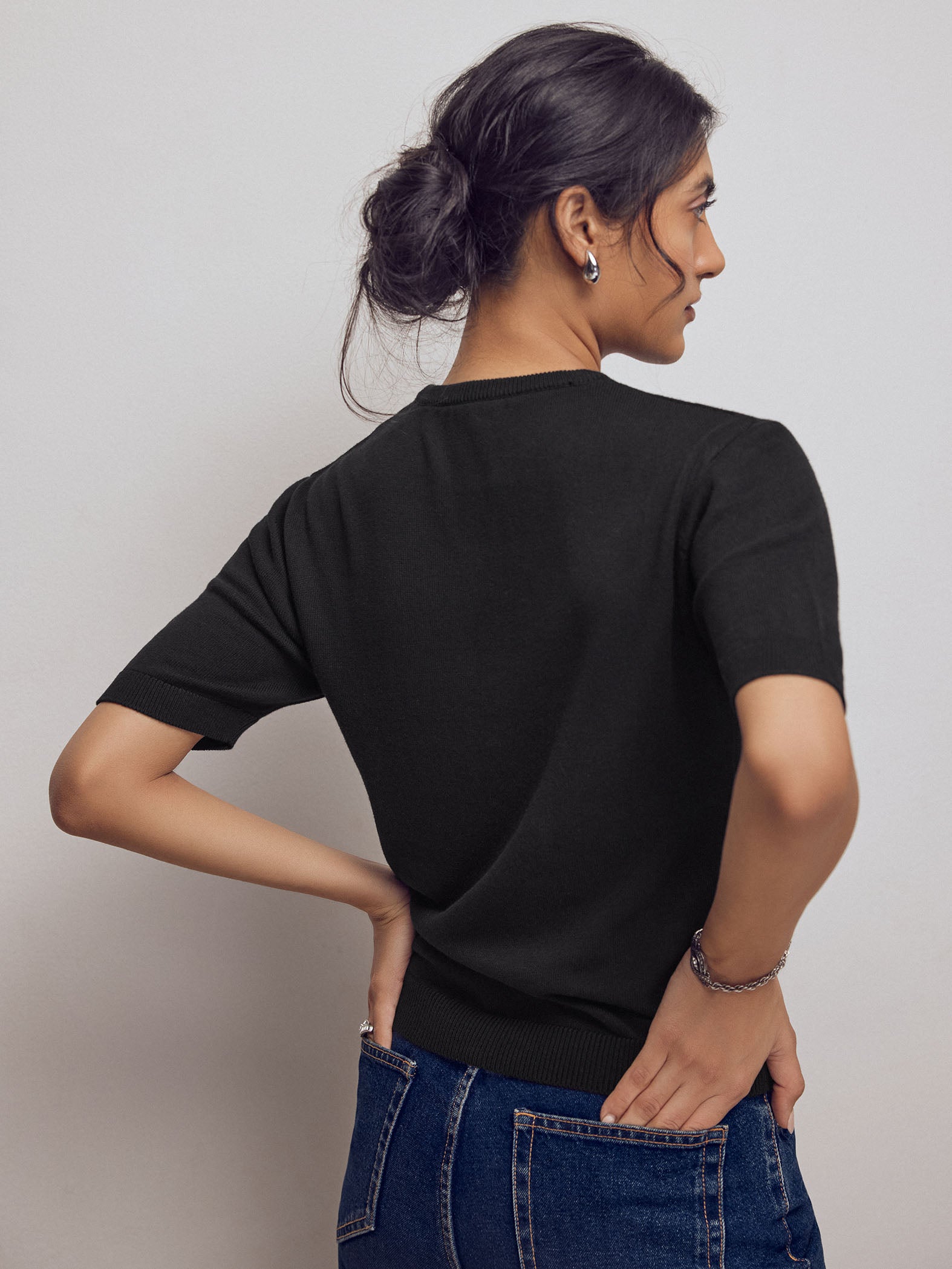 Black Button Detail Knit Top