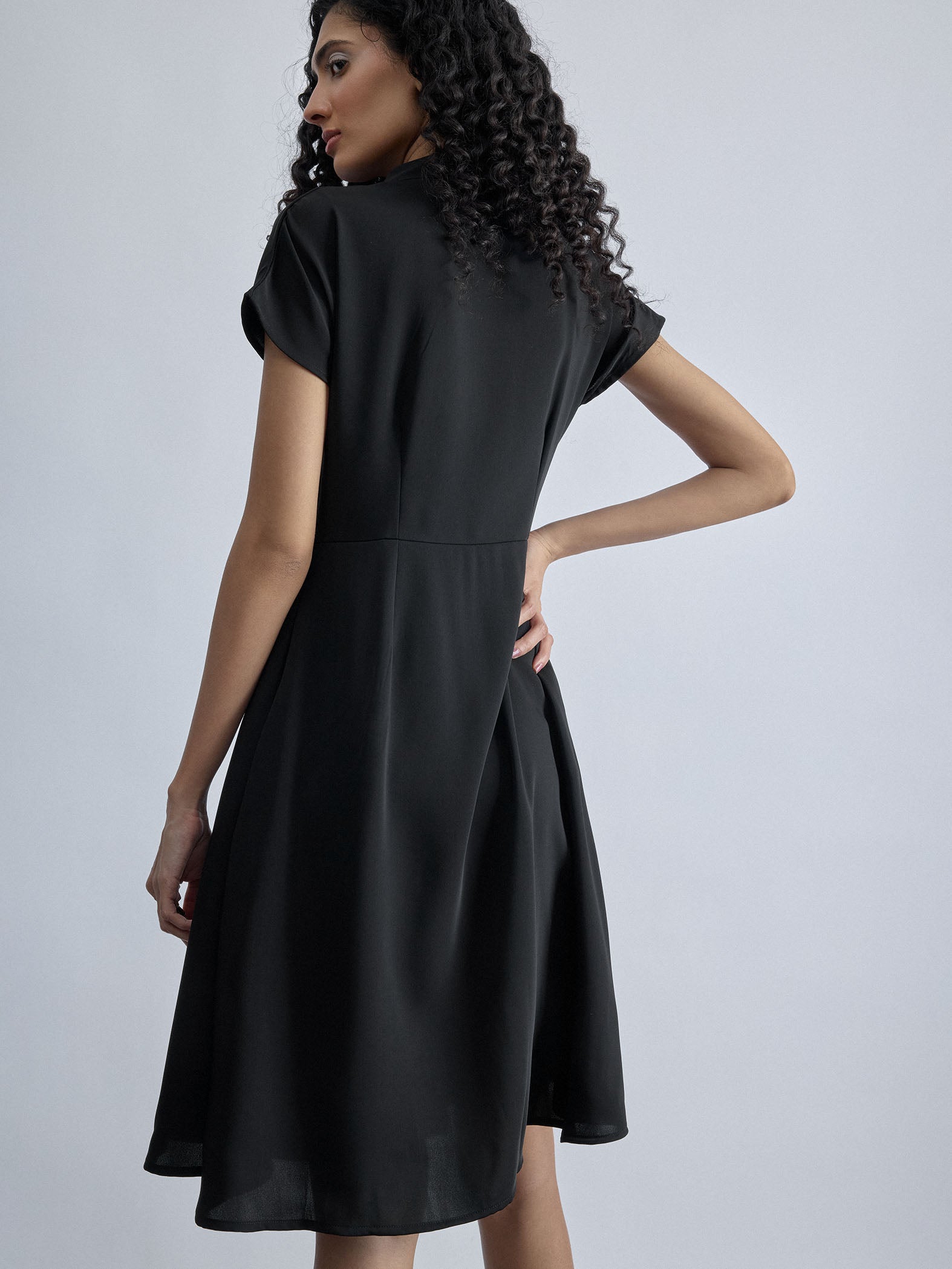Black Overlap Pleated Dress