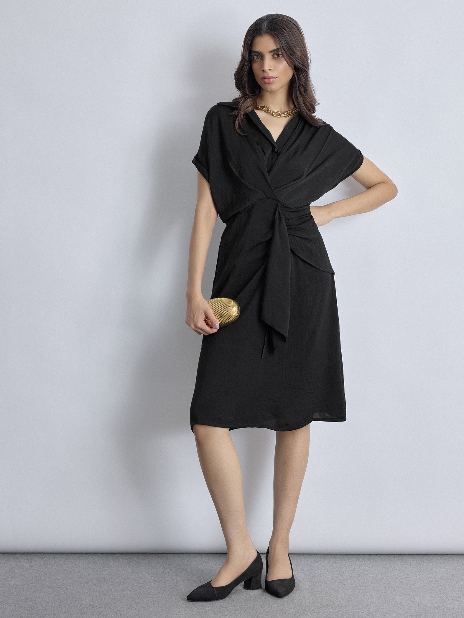 Black Pleated Drape Dress