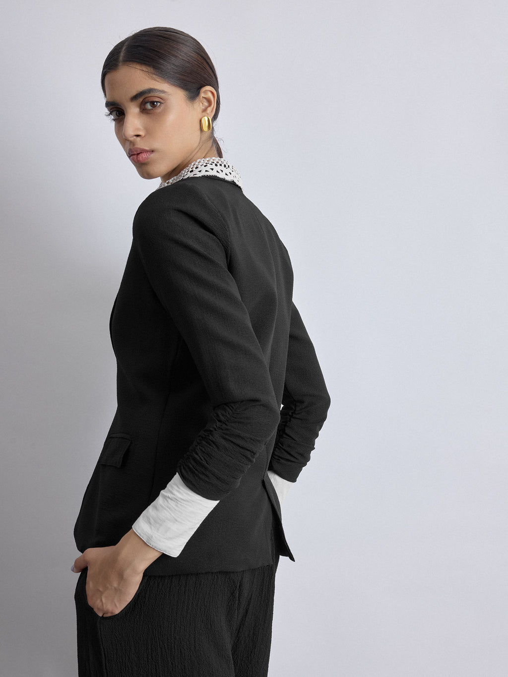Black Ruched Sleeve Blazer