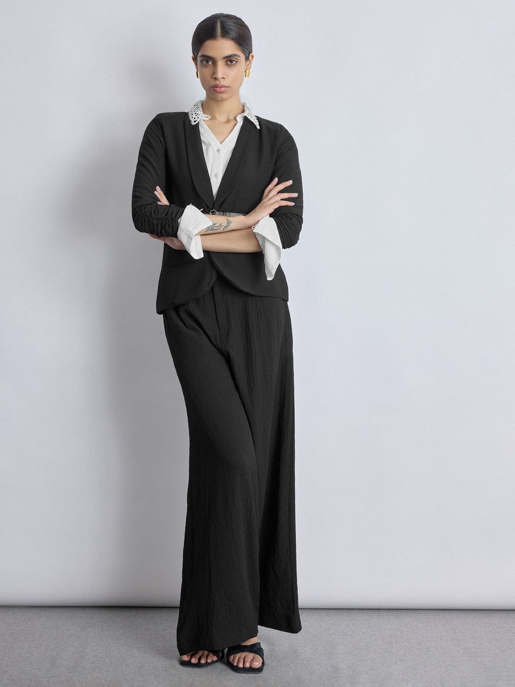 Black Ruched Sleeve Blazer