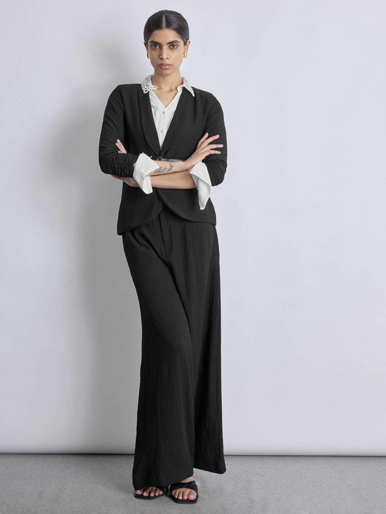 Black Ruched Sleeve Blazer