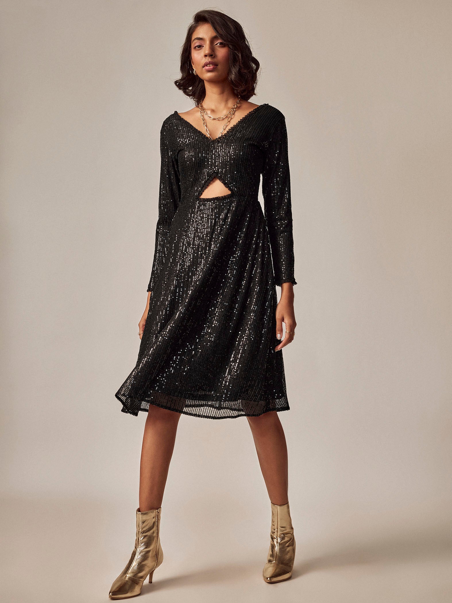 Black Sequin Cut Out Dress
