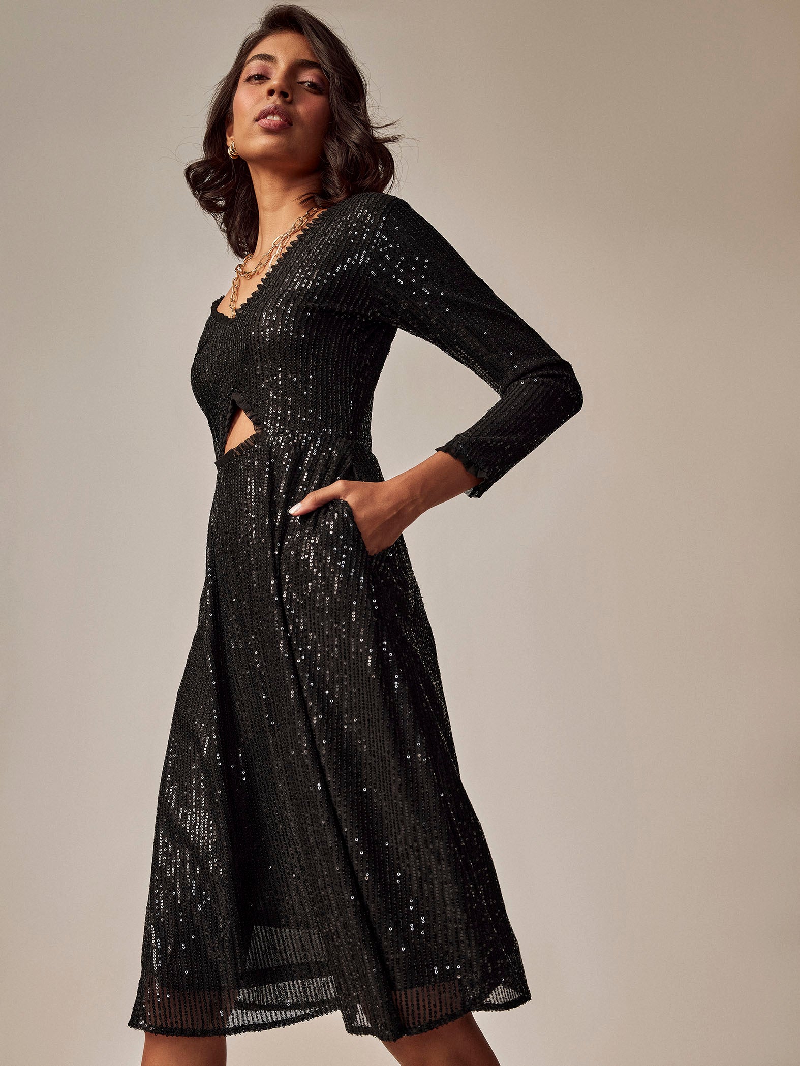Black Sequin Cut Out Dress