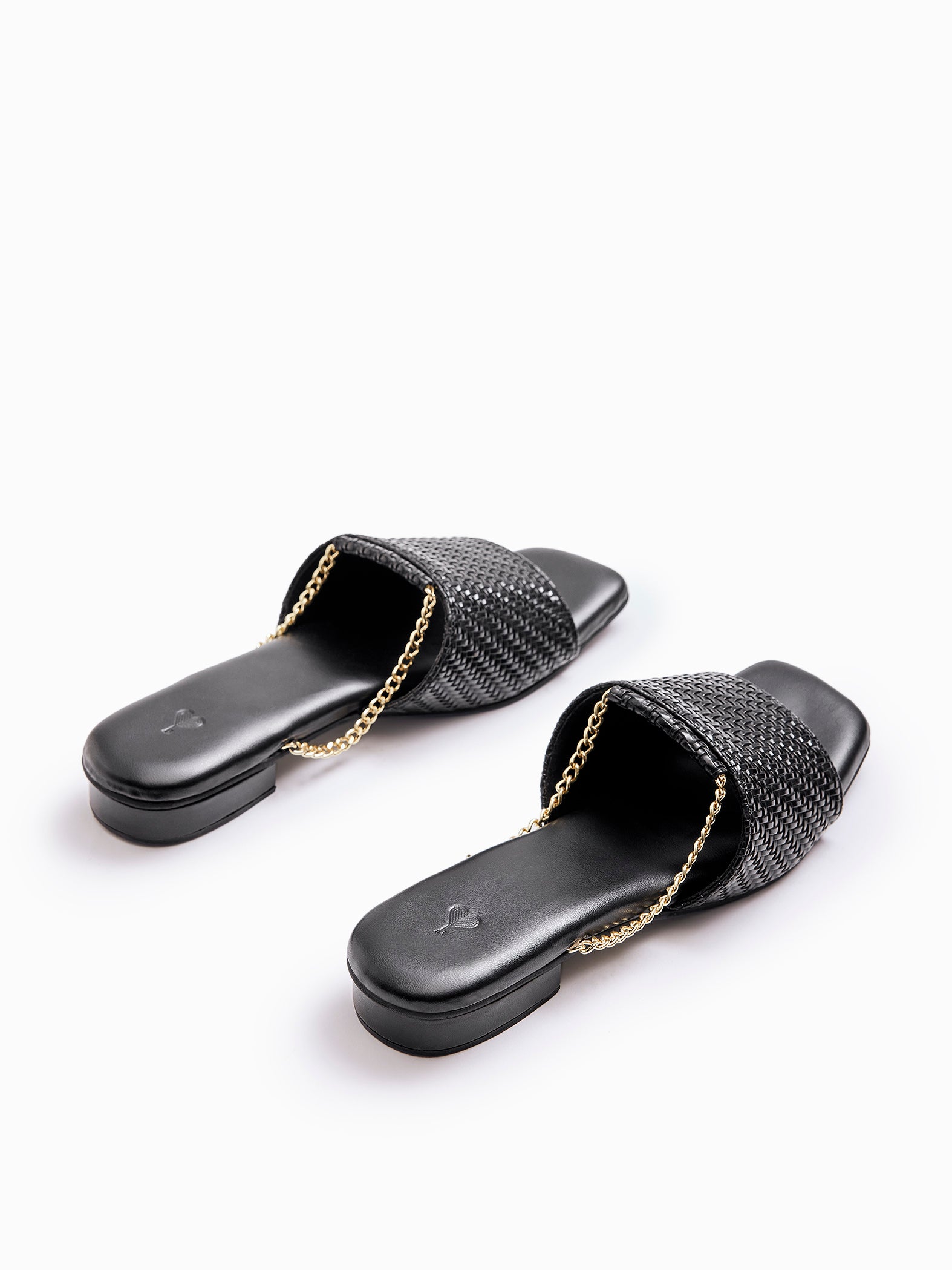 Black Textured Gold Chain Detail Heels